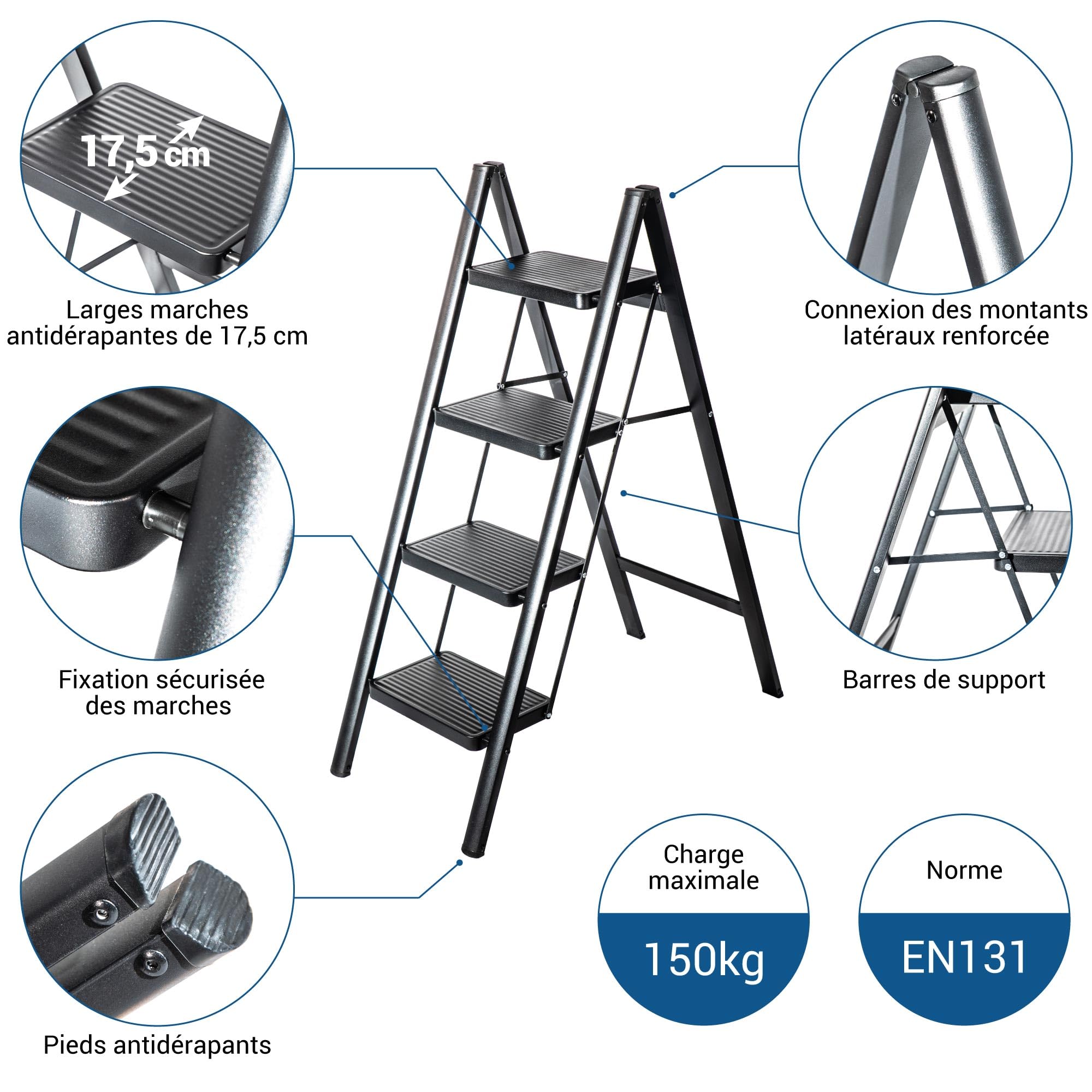 HOSTRÖM Escabeau 4 marches FOLDPACT4, Marche Pied Pliable, Design Ultra-Compact, Marches Larges 17,5 cm, Acier, Etagère temporaire, Garantie 5 Ans