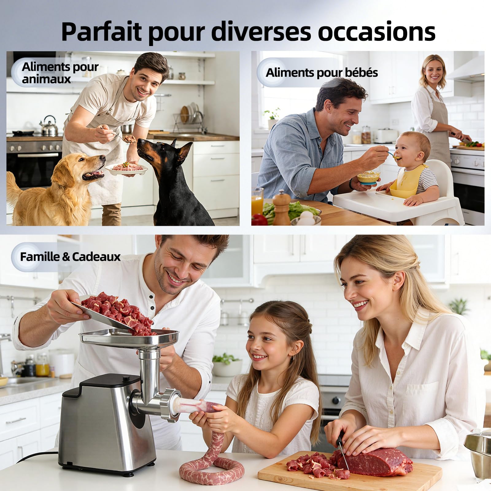 FIMEI Hachoir à Viande Électrique, 4-en-1 avec 3 Grilles, 2 Lames | 3 Embouts à Saucisse, Kit Kibbe, Accessoire à Pâtisserie, Inversion anti-blocage, Base en Acier Inoxydable & Antidérapante