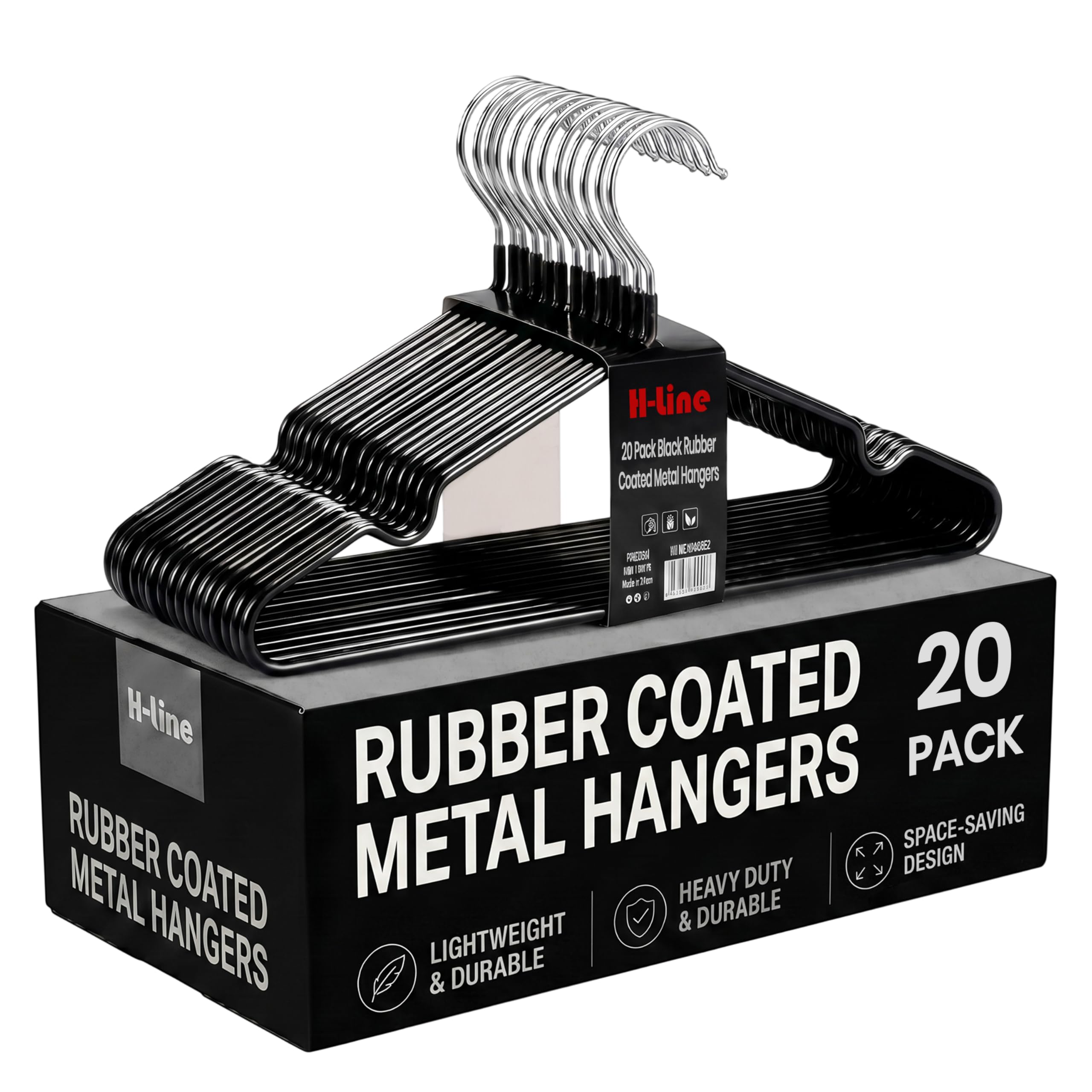 H-line Metal Hangers (20) Rubber Coated Heavy Duty Strong Clothes Space Saving Organiser Hangers For Wardrobes Coat Rack Rails & Closet Thin and Non-Slip Clothing Hanger (Black-20 Pack)