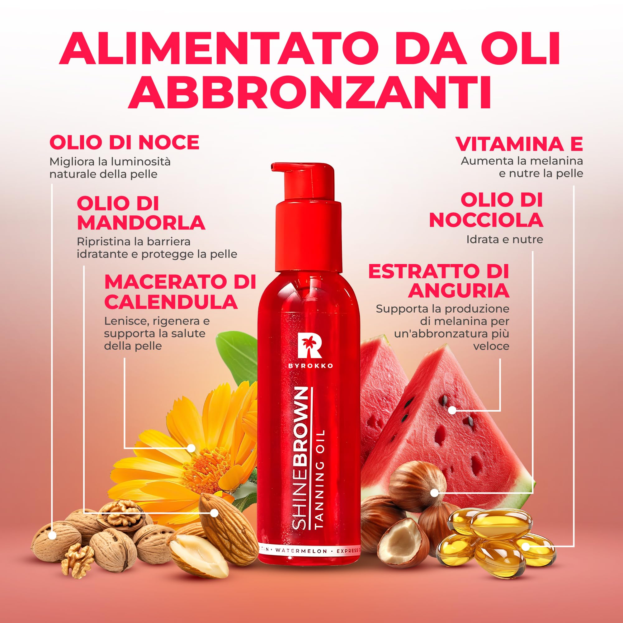 BYROKKO Shine Brown Watermelon Olio Abbronzante Solare (145 ml), Acceleratore di Abbronzatura super rapido, efficace al Sole e nei Lettini Solari, con formula resistente all’acqua