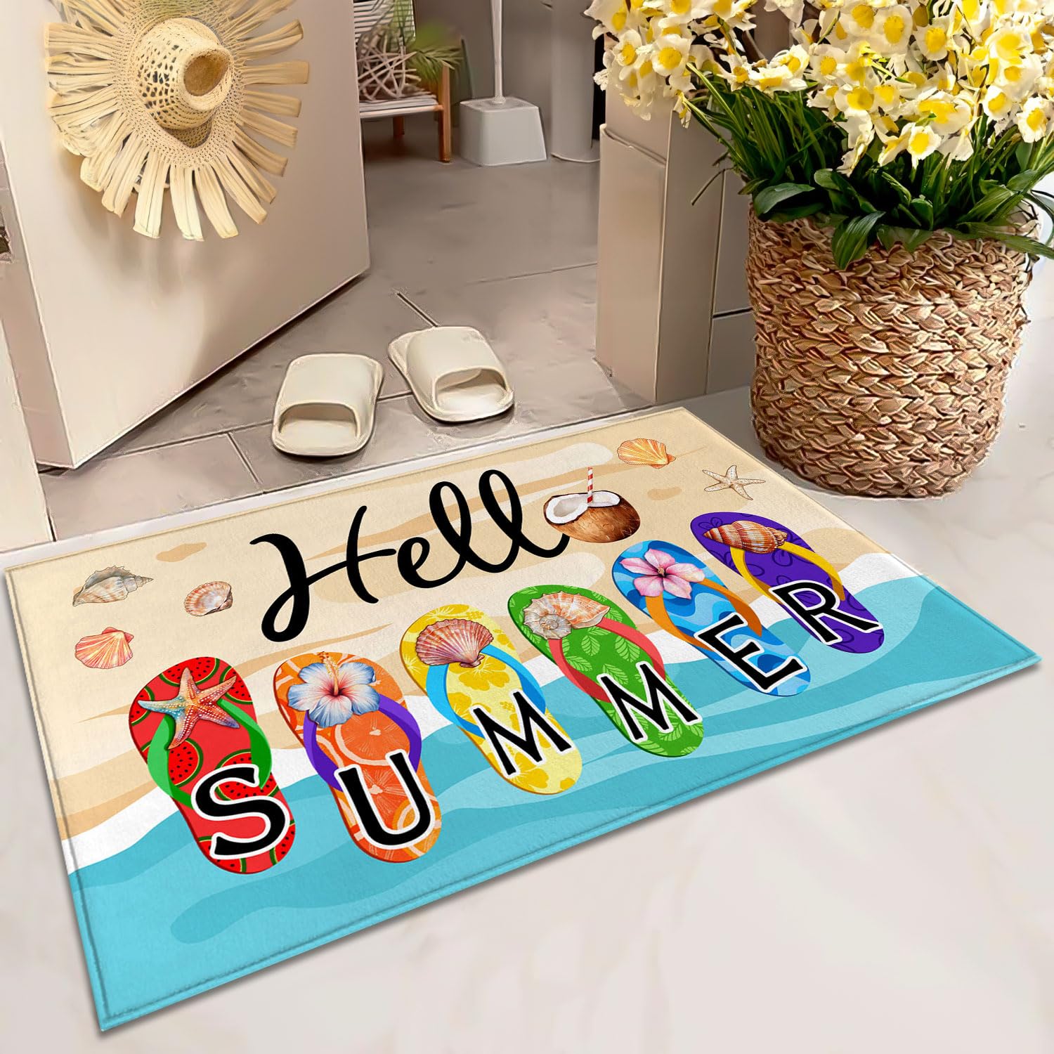 PAAORO Hello Summer Doormat,Welcome Summer Flip Flops Decorative Door Mat,Non-Slip Rubber Backing Floor Mat Washable Seasonal Front Door Mat for Porch