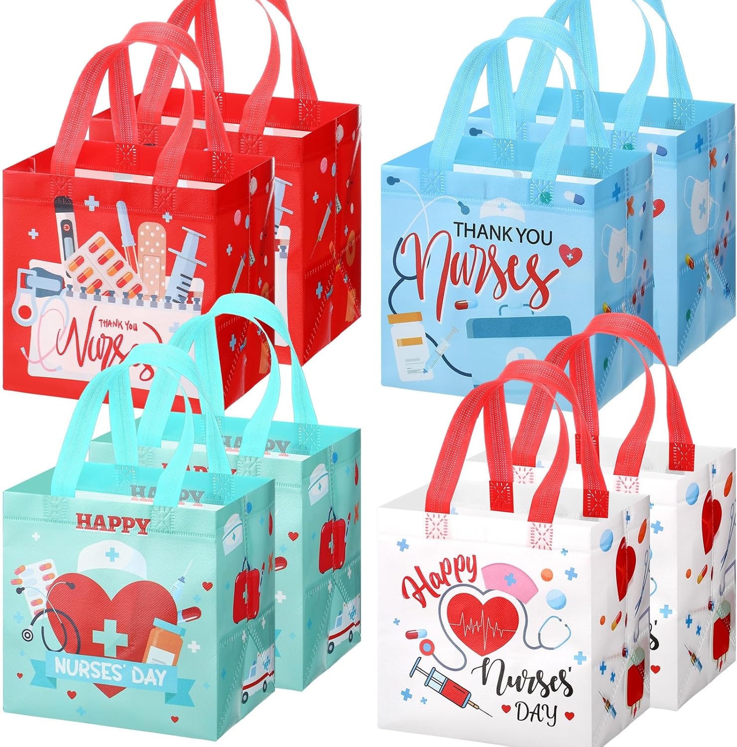 SiliFine 24 Pcs Nurse Appreciation Gifts Bags Thank You Nurses Non Woven Tote Medical Assistant Goodie Bags with Handles for Nurses' Day Party Supplies Graduation Decorations, 8 x 6 x 8 Inches