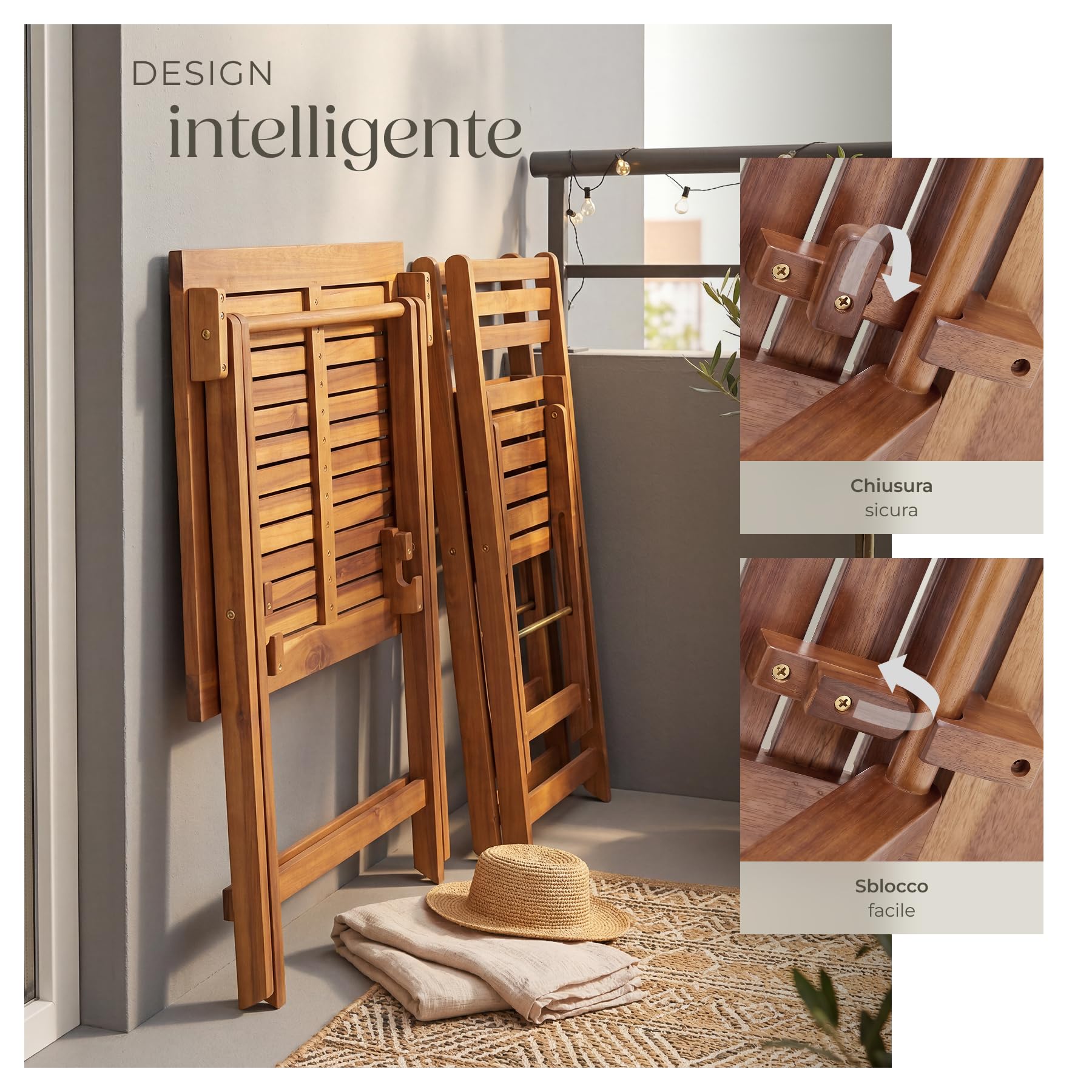 tectake® Set Tavolo e Sedie da Giardino, Set Pieghevole con 1 Tavolo da Esterno 60x60x74,5 cm e 2 Sedie da Esterno, Legno di Acacia, Design a Doghe, Struttura a X, Ideale Balcone, Terrazzo e Giardino