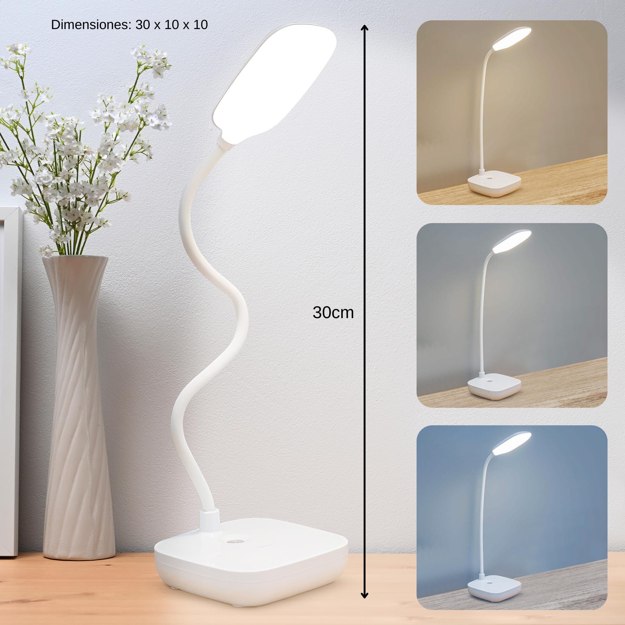 Lampara Escritorio LED, Flexo Led Escritorio Flexible, Lampara mesita noche sin cable, 3 Modos de Luz, Nivel De Brillo Ajustable con Control Táctil, Lampara Led Recargable Casa, Oficina y Estudio