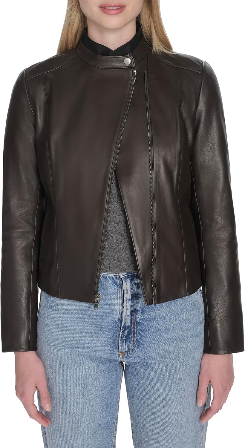 Cole Haan Women's Long Sleeve Snap Collar Asymetric Zipper Leather Jacket