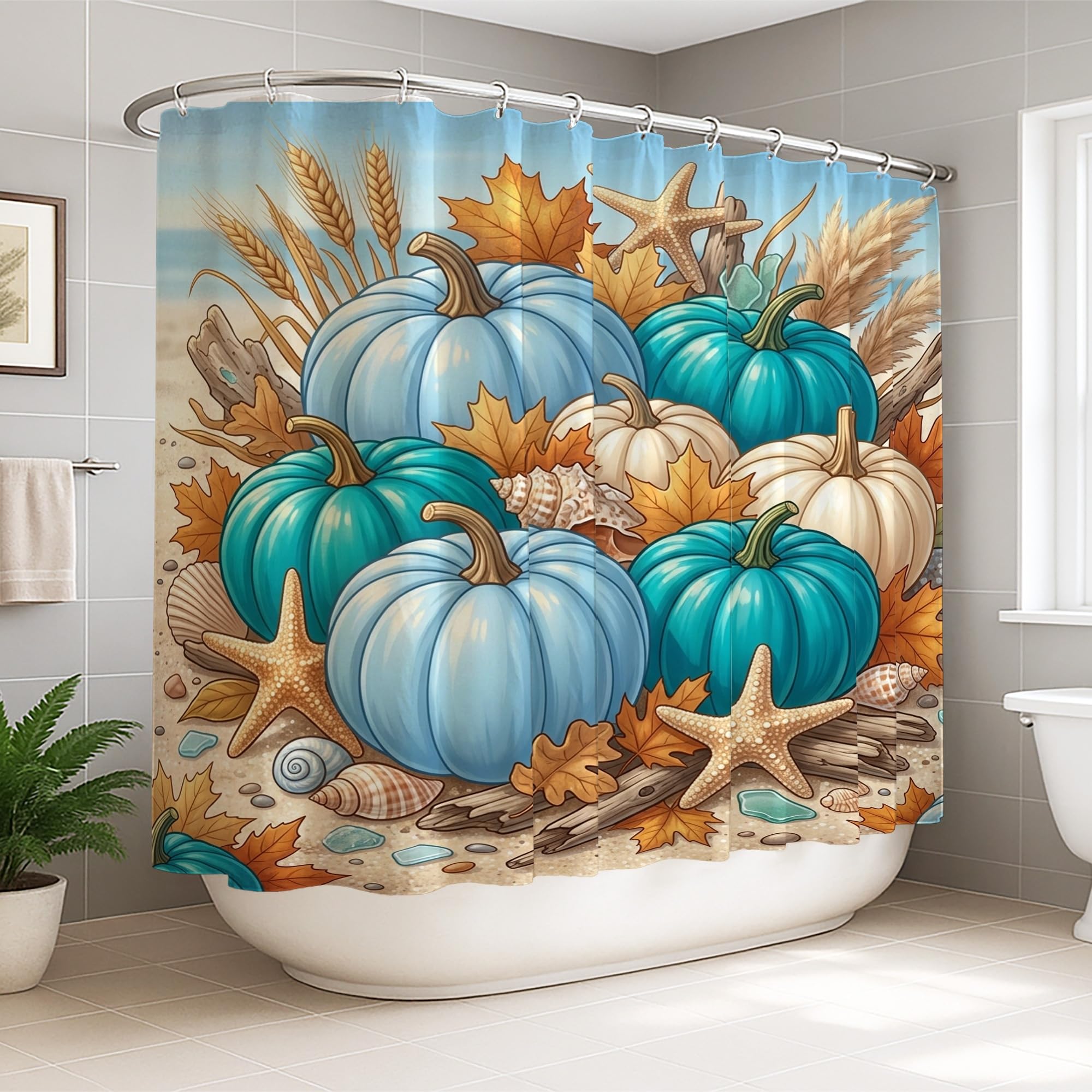 Rideau de douche grand format tissu imperméable bleu rustique citrouille 274x183
