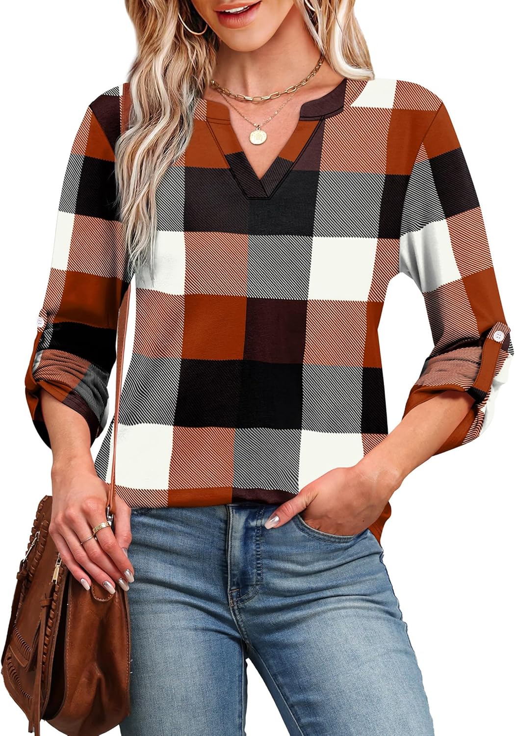 WIHOLL Plus Size Fall Fashion 2025 3/4 Length Long Sleeve V Neck Tunic Teachers Shirts Dressy Casual Blouses Curve Hem Fall Tops Orange Plaid XL - Image 4