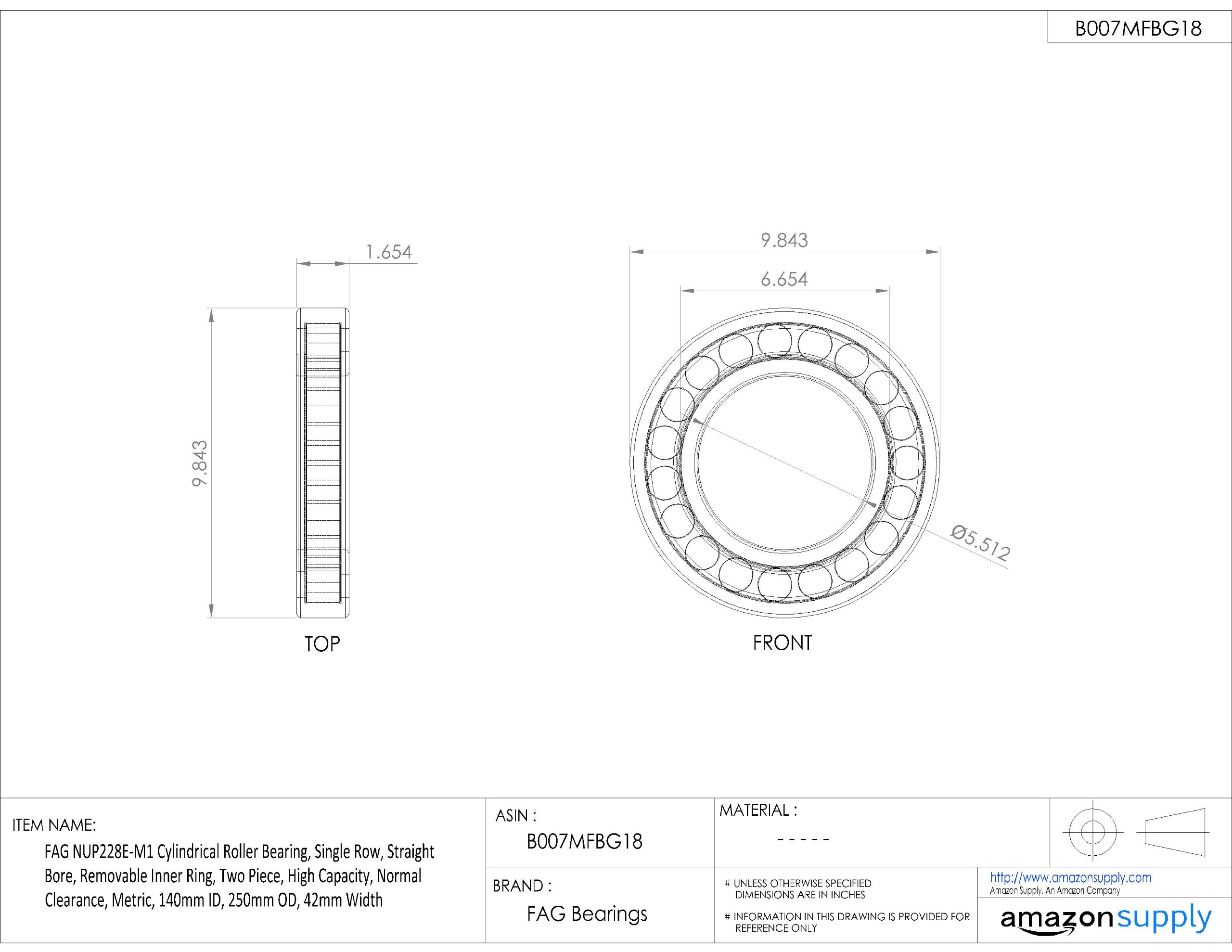 FAG Nup228e-m1 cylindrique Roulement à rouleaux, rangée simple, Straight Alésage, Bague intérieure amovible, 2 pièces, haute capacité, espace Normal, métriques, 140 mm ID, 250 mm OD, 42 mm de largeur