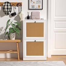 Anmytek Rattan Shoe Cabinet, Entryway Cabinet Wooden Shoe Rack with 2 Flip Drawers, 2-Tier Shoe Storage Cabinet for Entryway Hallway, White