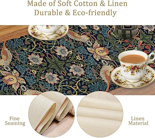Miniatura 5 de Camino de mesa retro William Morris con estampado de pájaros y fresas, diseño de animales, muebles rurales, decoración de escritorio (13 x 60