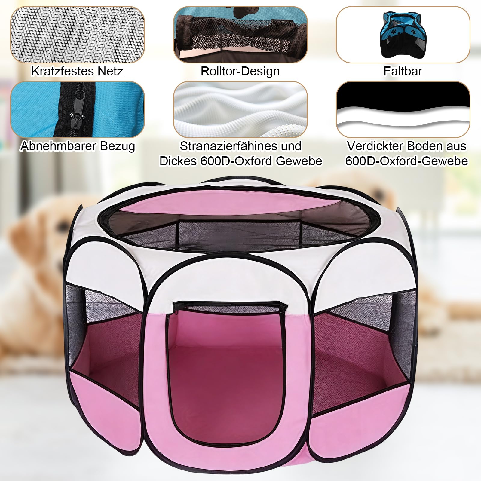 Parc pour Chien, Portable Parc pour Chiens et Chats, Tente Respirante pour l'intérieur et l'extérieur, pour Chats, Chiens, Lapins, Idéal pour Voyage et Camping, 74 x 74 x 43 cm (Rose)