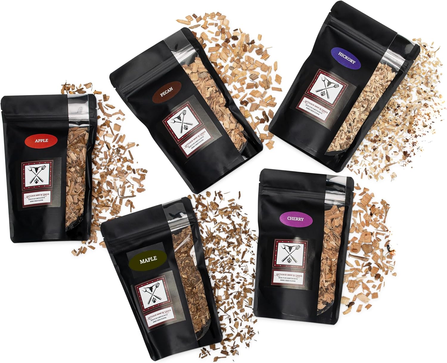 BBQ Wood Chips for Smoking Meat – Cattleack Smok’in Tinder 5 Pack Variety (Apple, Cherry, Hickory, Pecan, Maple) – Fine Cut Smoker Chips for Electric, Gas & Charcoal Grills, USA Made