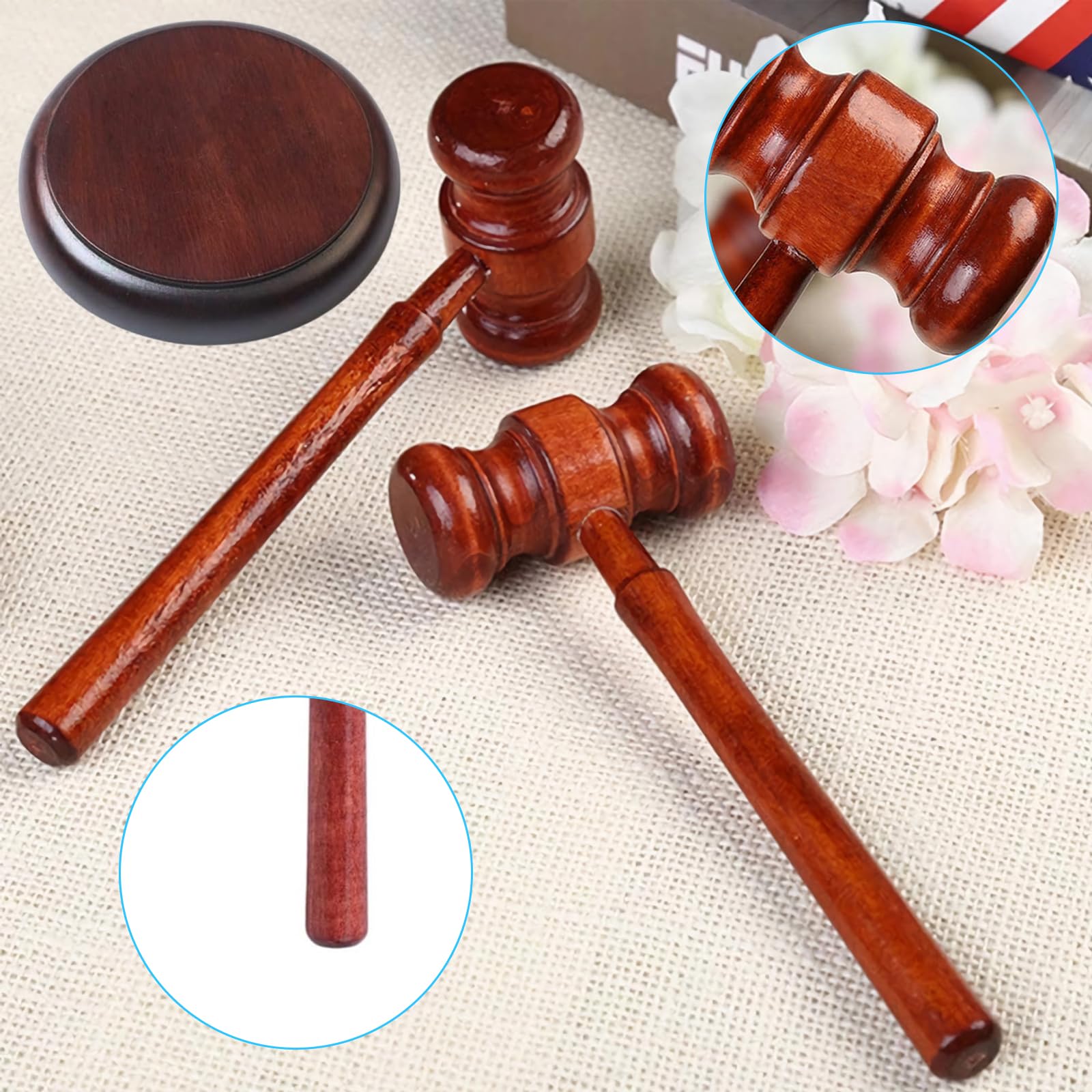 Mazo de juez y bloque de resonancia de madera, Mazo de subasta con bloque sonoro, Hecho a mano, Acabado vintage, Ideal para jueces, abogados, subastas, reuniones profesionales y juegos de rol
