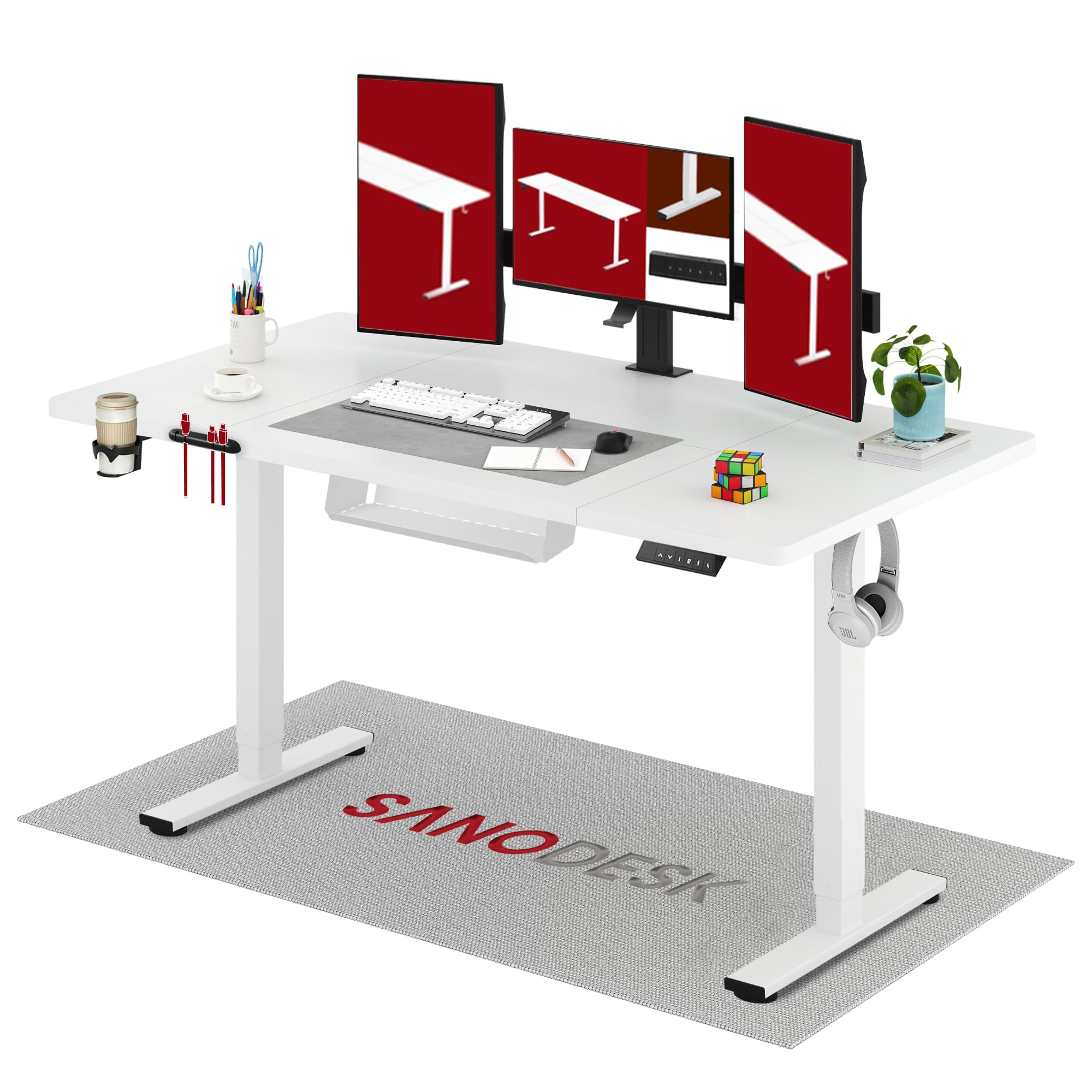 SANODESK 160 * 60 Electric Standing Desk Height Adjustable Desk Built-in Cup Holder, Hooks, Cable Management Tray & Organizer Sit Stand Table with 4 Memory Smart Pannel Splice Board for Home Office