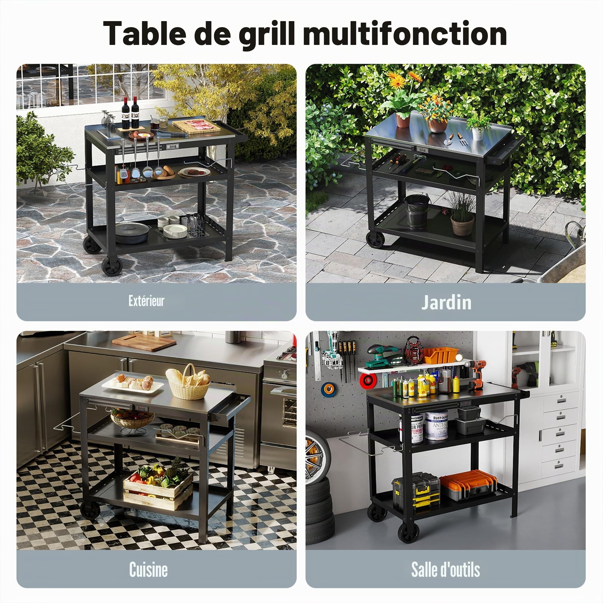 Feasto Chariot de Barbecue d'extérieur de 80 x 45,7 cm avec Plateau en Acier Inoxydable, Table de Gril Mobile avec Support d'assaisonnement et Support magnétique pour Outils, Table de préparation des