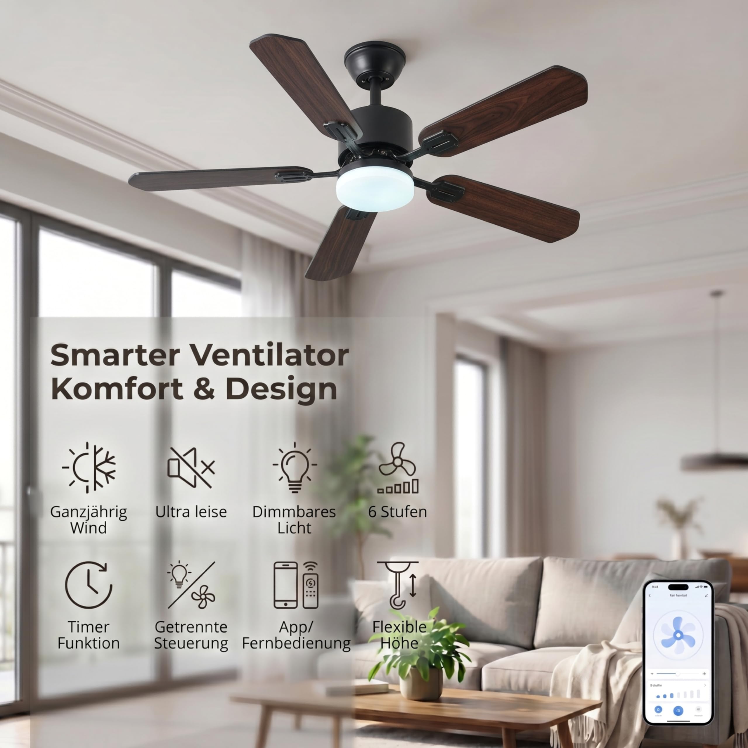 Deckenventilator mit Beleuchtung 3 Farbtemperatur und 6 Geschwindigkeiten LED Deckenventilator mit Lampe, APP/Fernbedienung, Timer, doppelseitige Flügel für Schlafzimmer Wohnzimmer (Schwarz, 108CM)