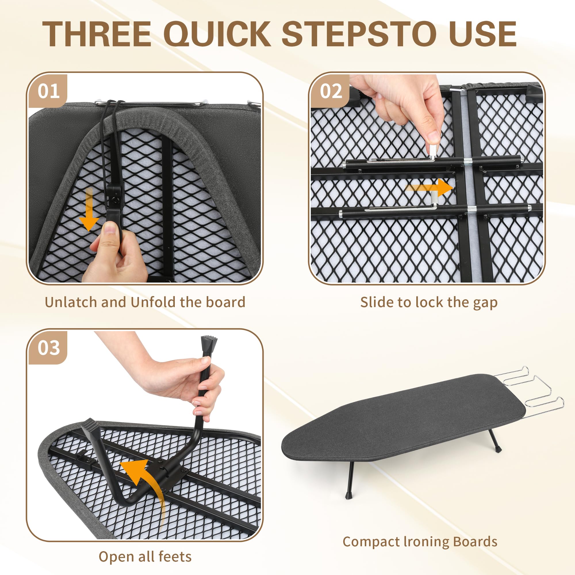 Asse da stiro pieghevole da tavolo con poggia ferro, 80,3 x 31,8 cm, copertura imbottita in cotone, pannello in rete metallica, mini asse da stiro per piccoli spazi e viaggi, grigio