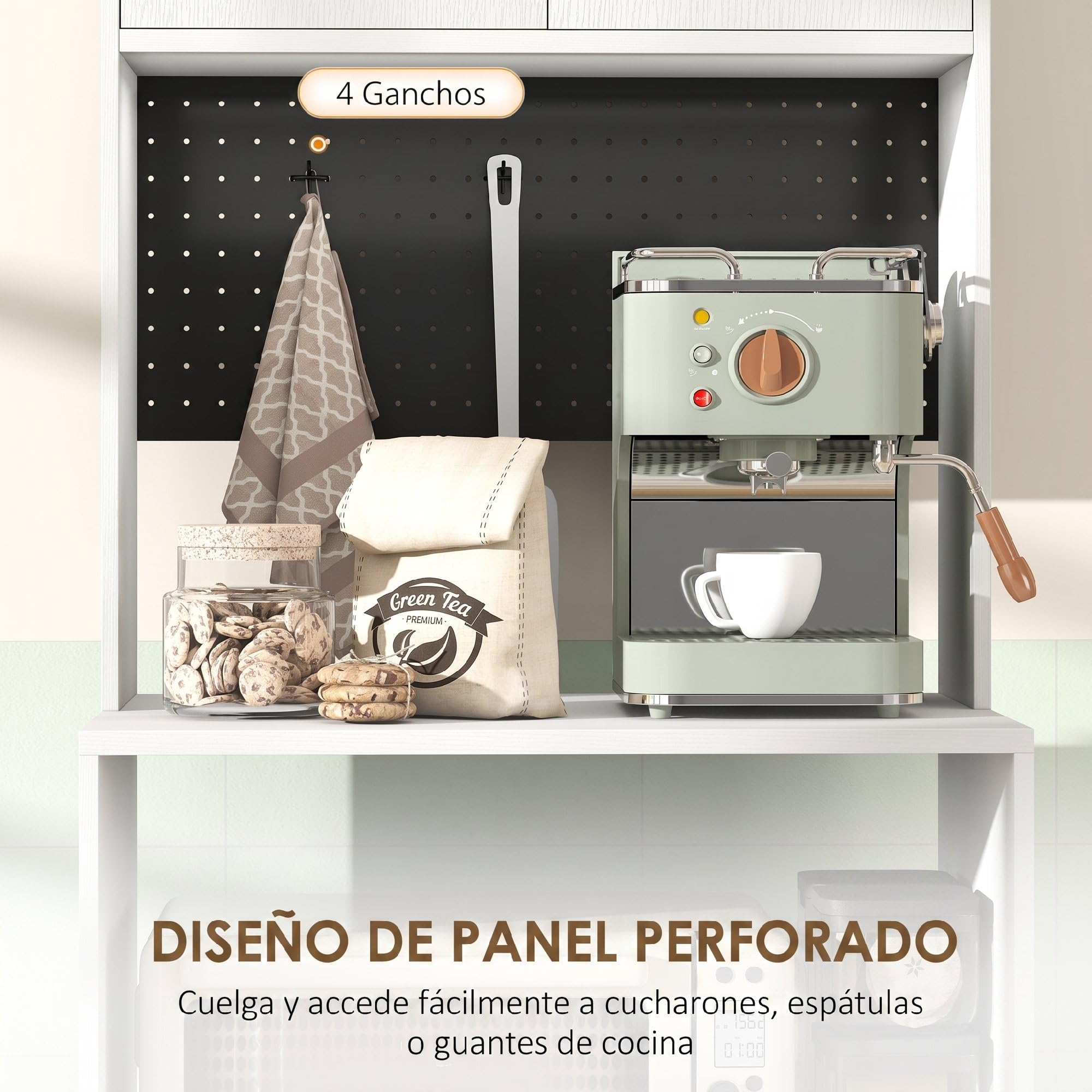 HOMCOM Mueble Auxiliar de Cocina, Aparador de Cocina con Soporte para Microondas, 2 Cajones, 2 Puertas, Estante Ajustable y Panel Perforado de Metal con 4 Ganchos, para Salón, 60x40x170 cm, Blanco