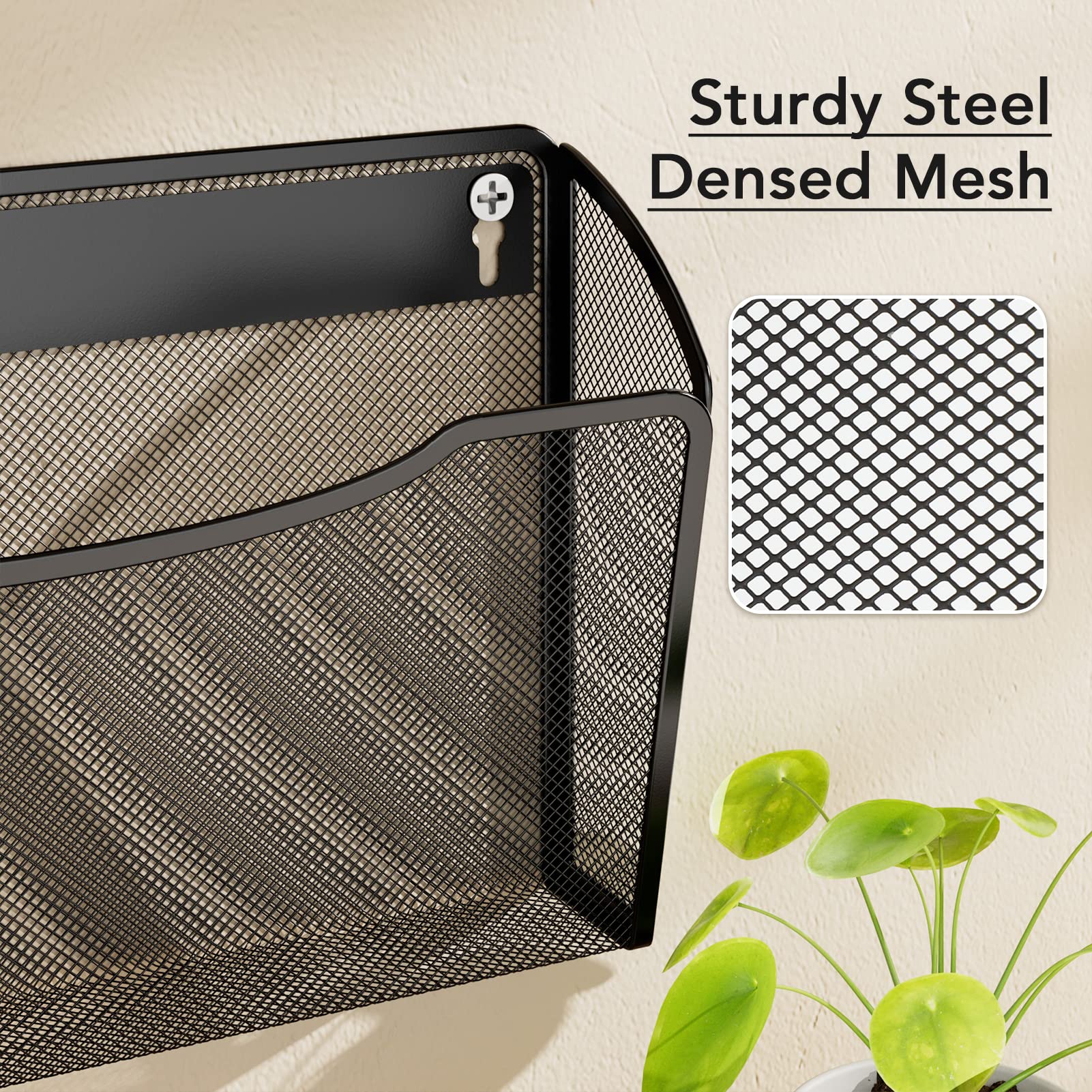 MaxGear Mesh File Holder Wall Organizer 6 Pockets Hanging File Organizers Wall Mounted File Holders for Home and Office, Metal, Black