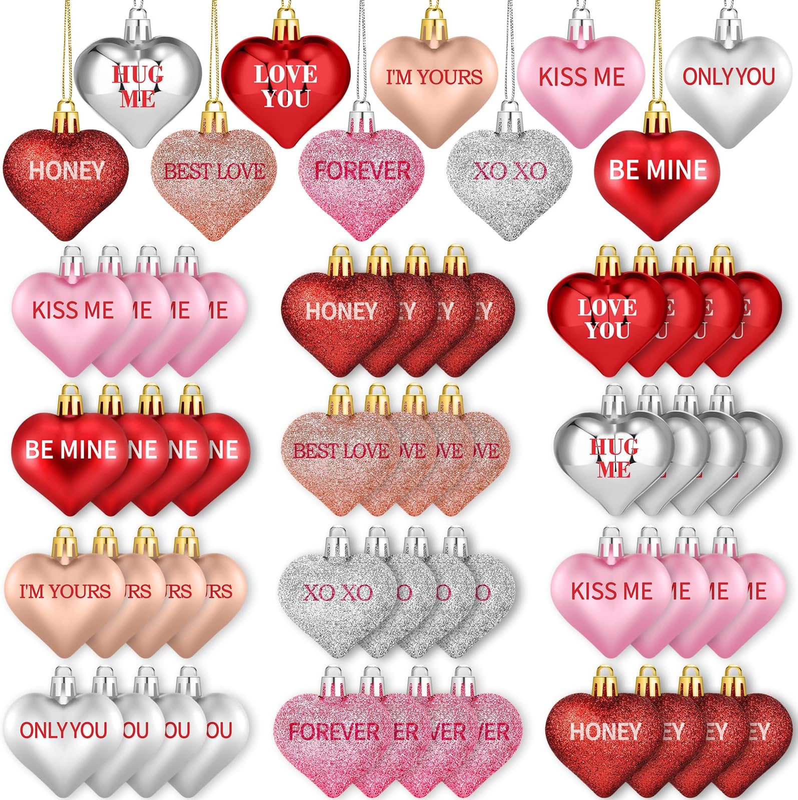 70Pcs Valentine's Day Heart Shaped Ornaments with Sweet Love Words, 10 Styles Valentine Ornaments for Tree, Red Pink Glitter Heart Shaped Valentine's Hanging Decorations for Wedding Anniversary