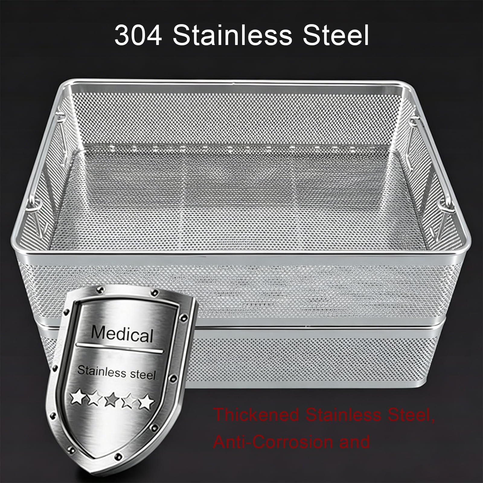 Cesta de esterilización, bandeja de malla de acero inoxidable 304 con tapa, diseño perforado de 2 mm para herramientas de instrumentos médicos de hospital y laboratorio