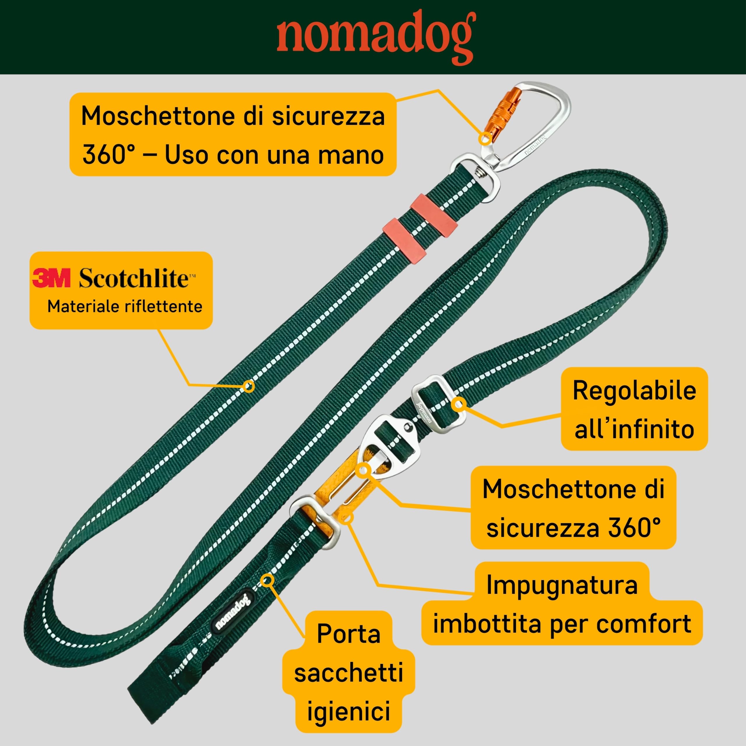 Nomadog Trailblazer Guinzaglio per Cani Multifunzionale 6-in-1 - Guinzaglio Doppio Moschettone Girevole a 360° in Alluminio, Regolabile 1,4-2,4 m, Riflettente - Ideale per Escursioni