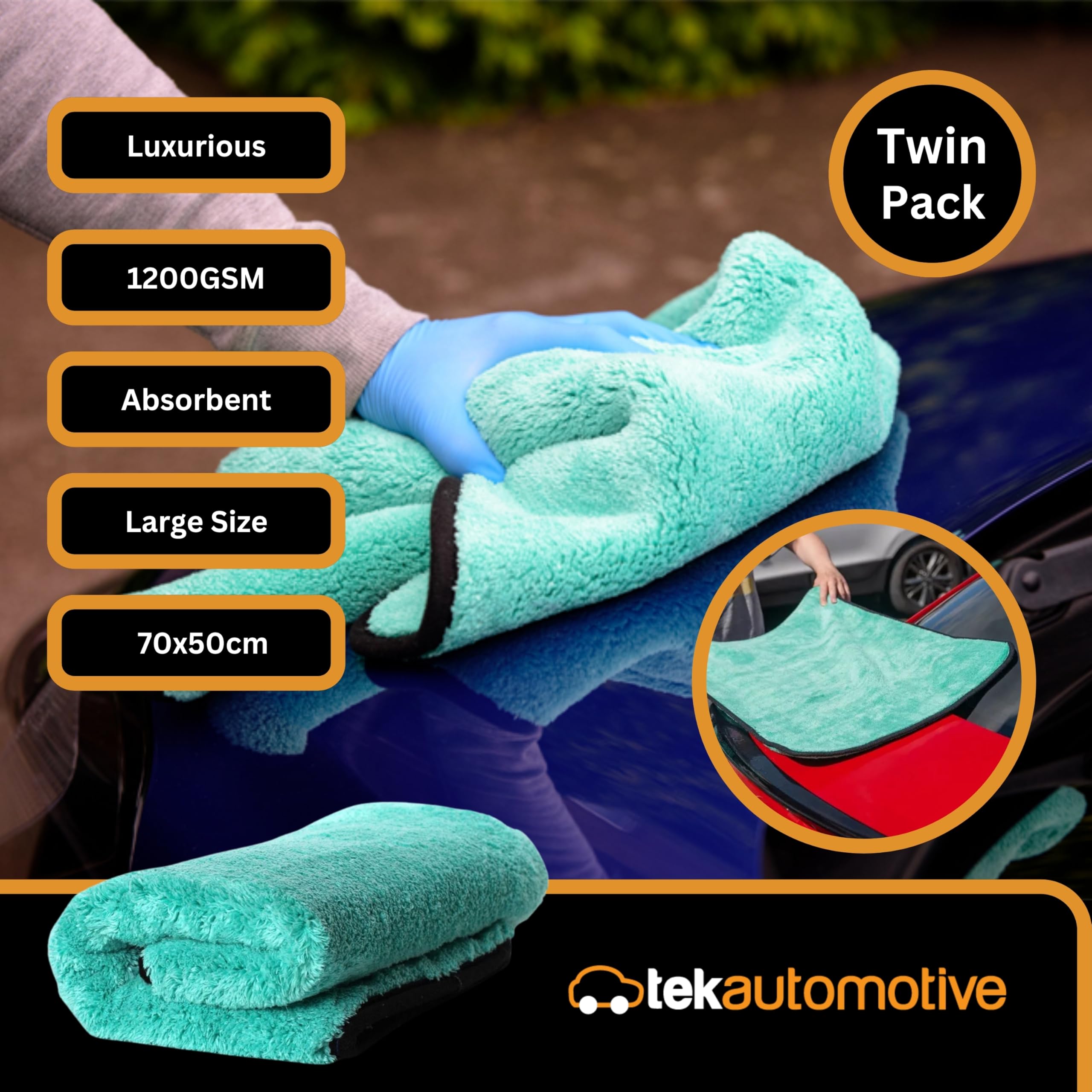 Tek Automotive Aqua - Juego de 2 toallas de secado de coche de lujo de 1200 g/m², paños de microfibra extra grandes (50 x 70 cm), superabsorbentes, ultrasuaves, para limpieza, detalles, pulido y