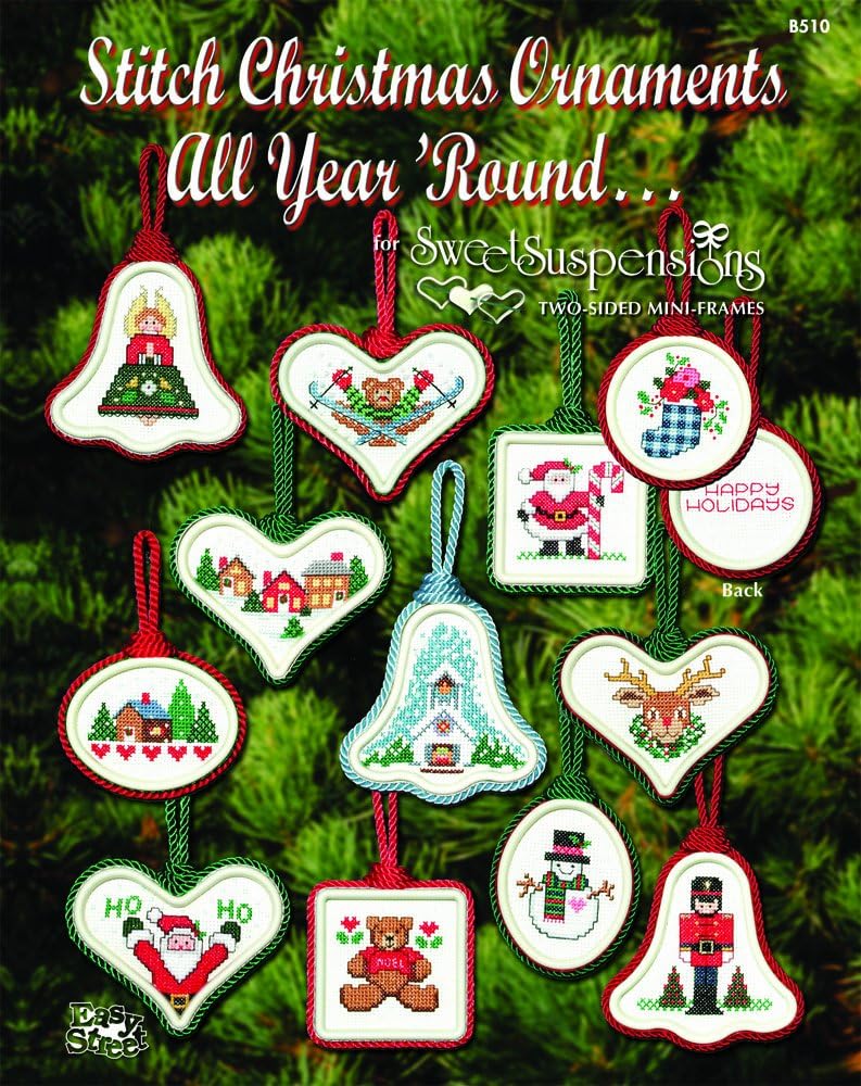 Stitch Christmas Ornaments All Year ‘Round” Package has 24 Counted Cross-Stitch Charts and Includes 6 Two-Sided Sweet Suspensions Frames