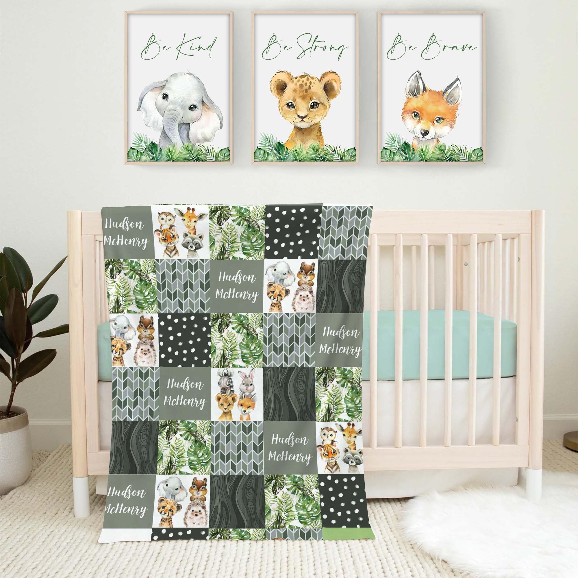 2 Pcs Baby Crib Bedding Set for Boys and Girls, Newborn Infant & Toddler Nursery Bed Set Decor, Canvas Posters & Baby Blanket Super Soft Minky with Double Layer Dotted Backing (HA231 Safari Set 2)
