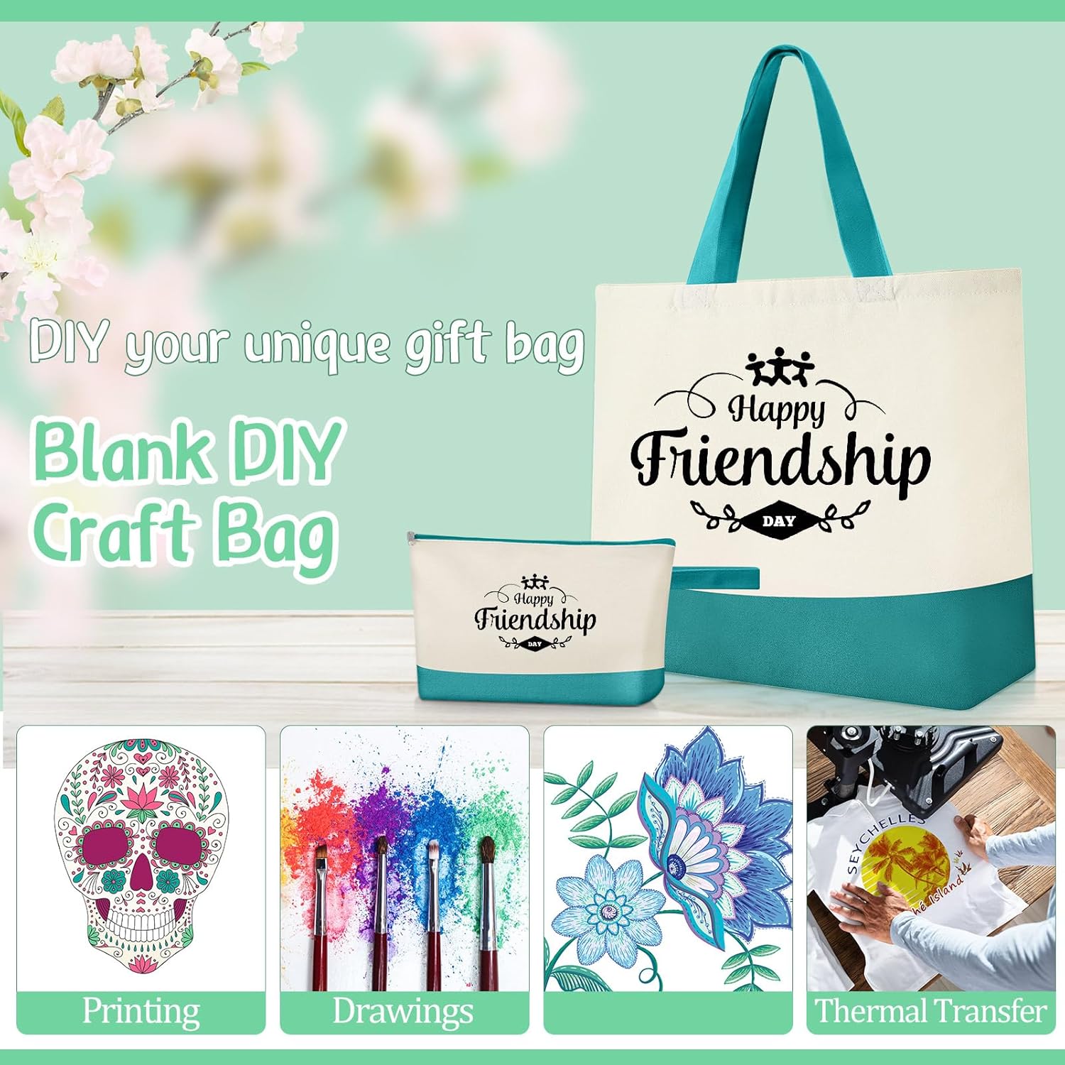 Sanwuta 30 Pcs Canvas Tote Bags Bulk with Zipper Cosmetic Pouch 18.5" Reusable Cotton Shopping Bag with Handle for DIY Craft (Teal-beige) - Image 7