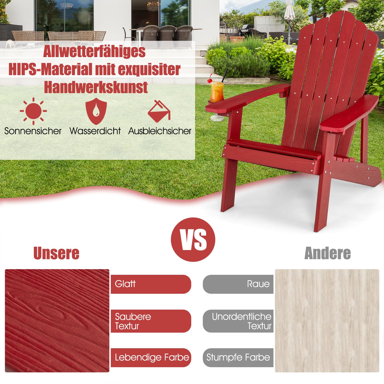 COSTWAY Adirondack Stuhl mit Getränkehalter, wetterfester Gartenstuhl, Gartensessel aus Kunststoff, Outdoor-Stuhl für Garten, Terrasse, 170 kg Tragfähigkeit (Rot)