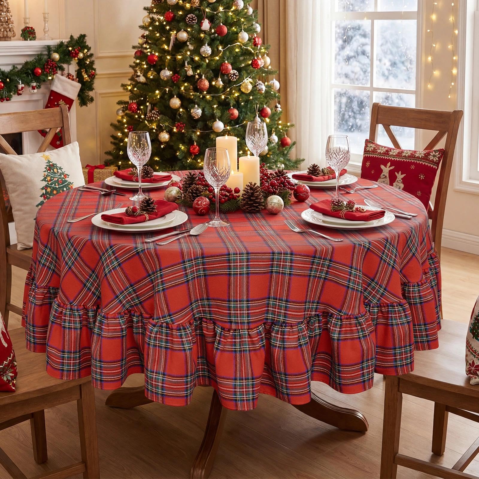 Romanstile Christmas Tablecloth Round 150 cm Diameter, Red Tartan Table Cloths with Ruffle Edge, Washable Table Cover Festive Decoration for NDining, New Year, Birthday, Party, Garden Tabletop
