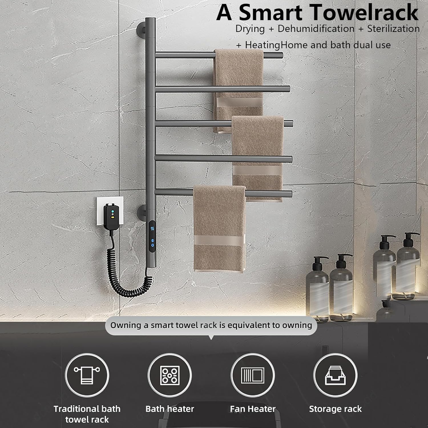Heated Towel Rack Rotatable 180°, Electric Towel Warmer with Timer,LED Display,Constant Temperature Control, Nickel Towel Warmer Plug-in/Hardwired,Black (White)