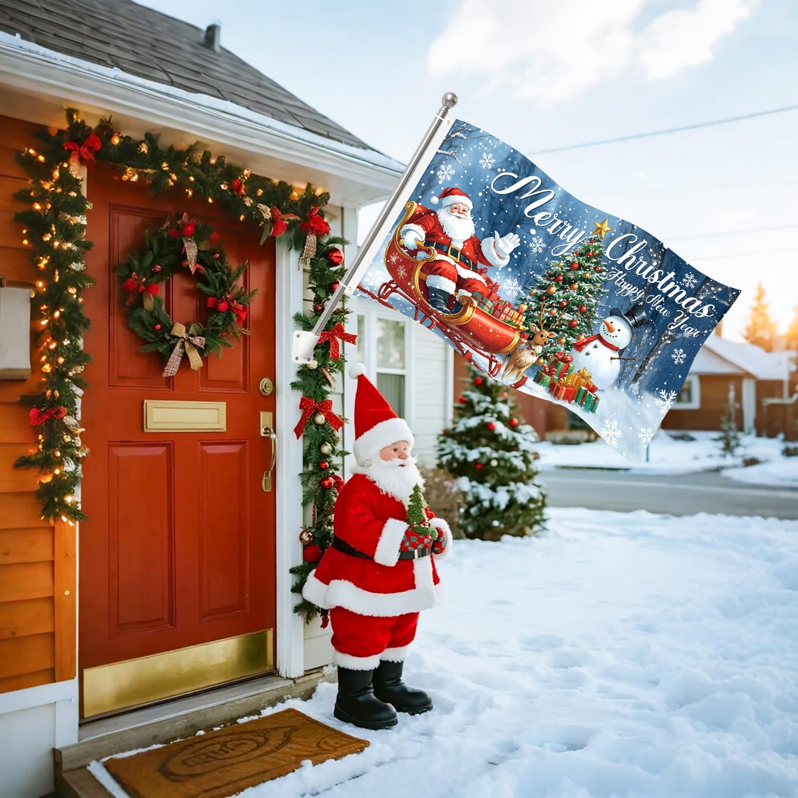 Voiakiu Bandiera natalizia in poliestere per esterni – Buon Natale – Bandiere invernali con occhielli | 2 bandierine per esterni invernali da appendere per feste di Natale