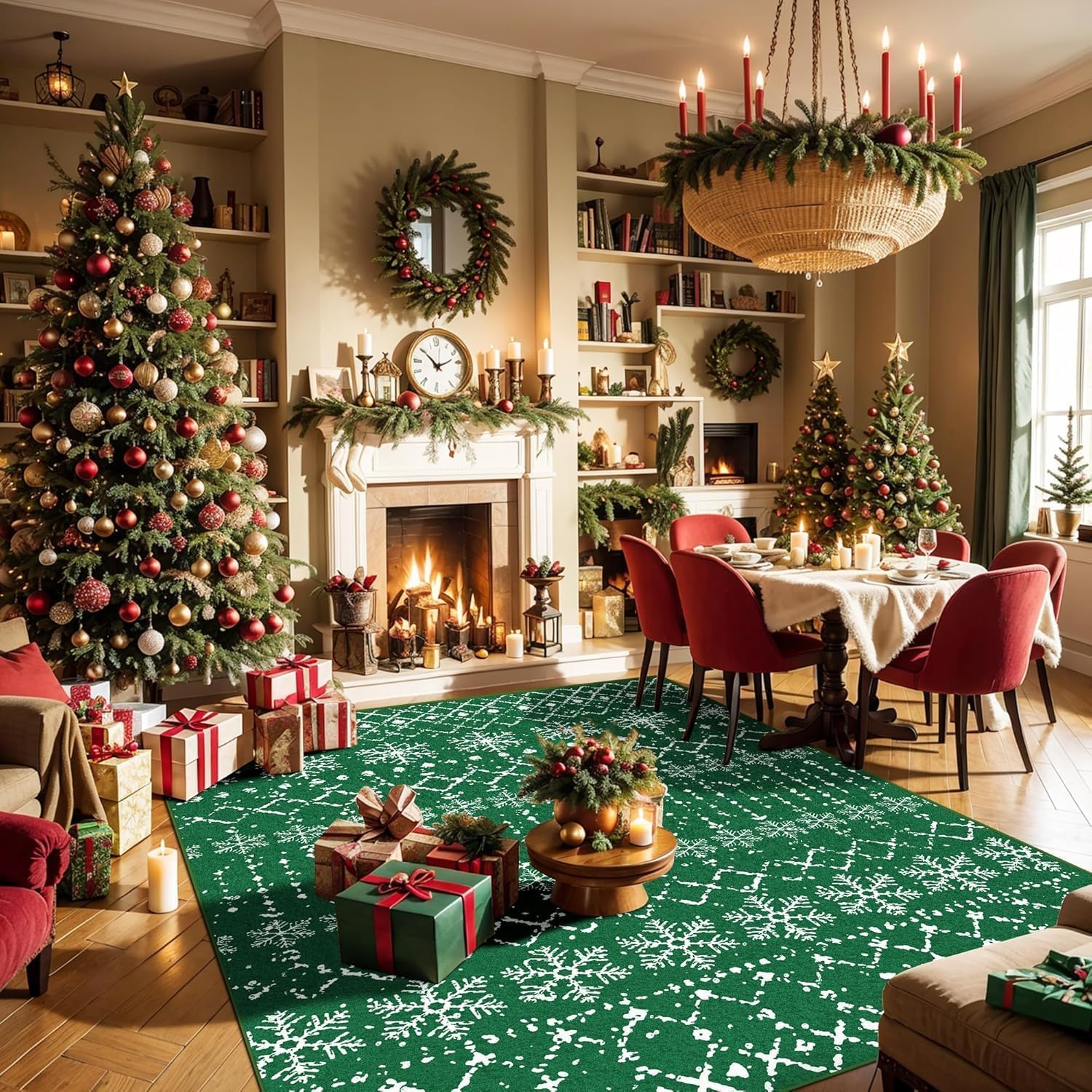Christmas Area Rugs 8x10 for Living Room Green Snowflake Plaid Decorative Modern Rug Holiday Decor Geometric Non Slip Rug Washable Carpet for Bedroom Dining Room Green 8'x10'