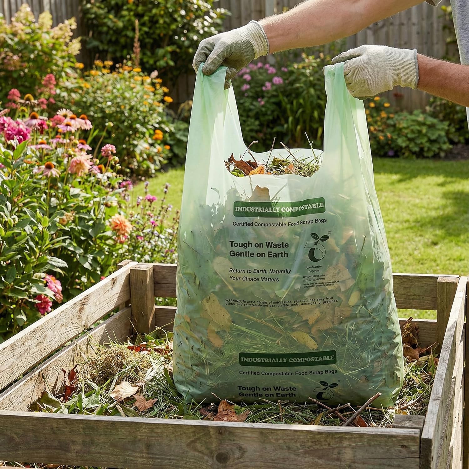 Sacchetti per rifiuti alimentari compostabili da 50 l, con manici a legame, sacchetti biodegradabili per la spazzatura da cucina, confezione da 4 scatole (totale 128 pezzi)