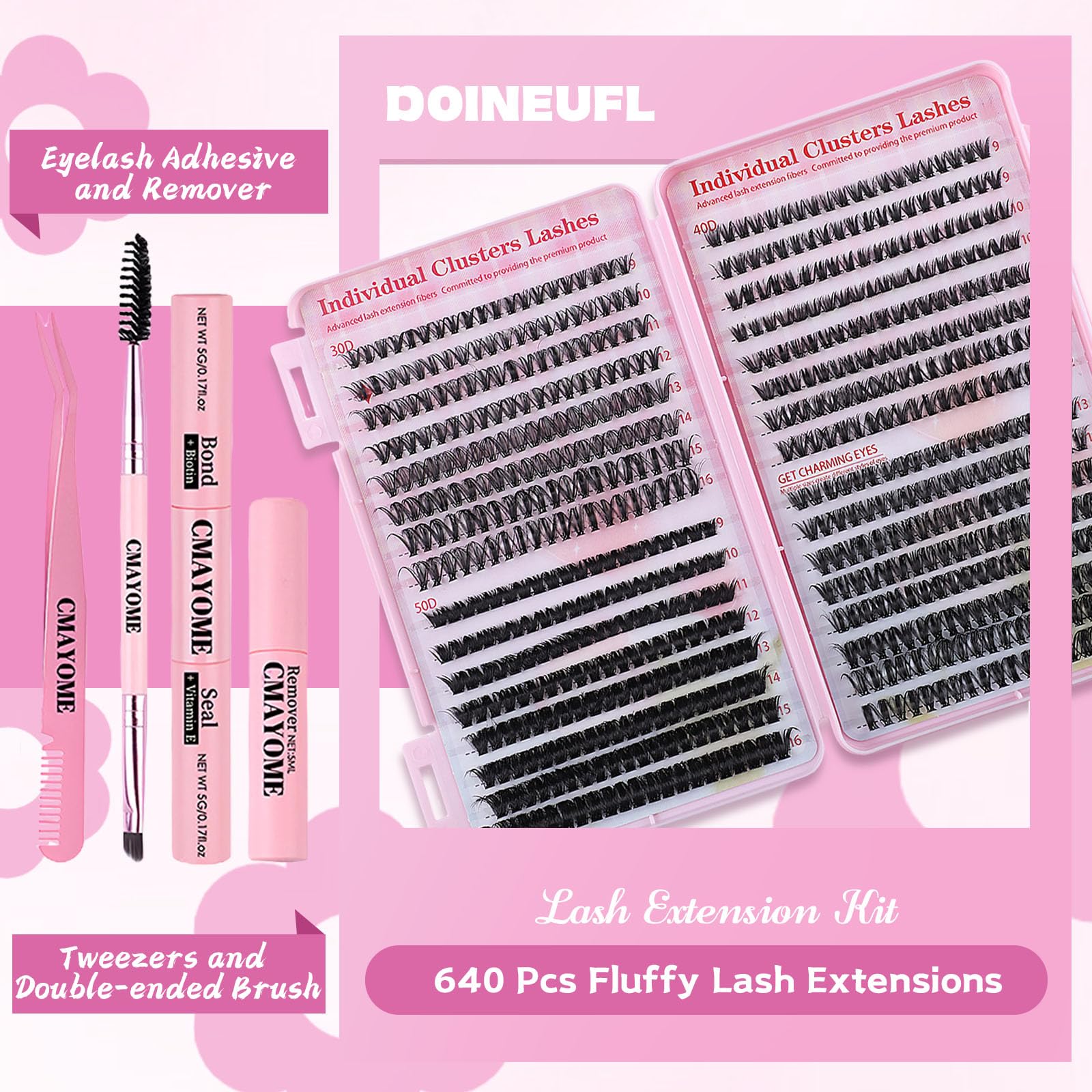 Eyelash Extension Kit 640pcs Individual Eyelashes Kit Cluster Lashes Individual CLuster 9-16mm DIY Eyelash Extension Kit with Lash Bond and Remover - Image 2