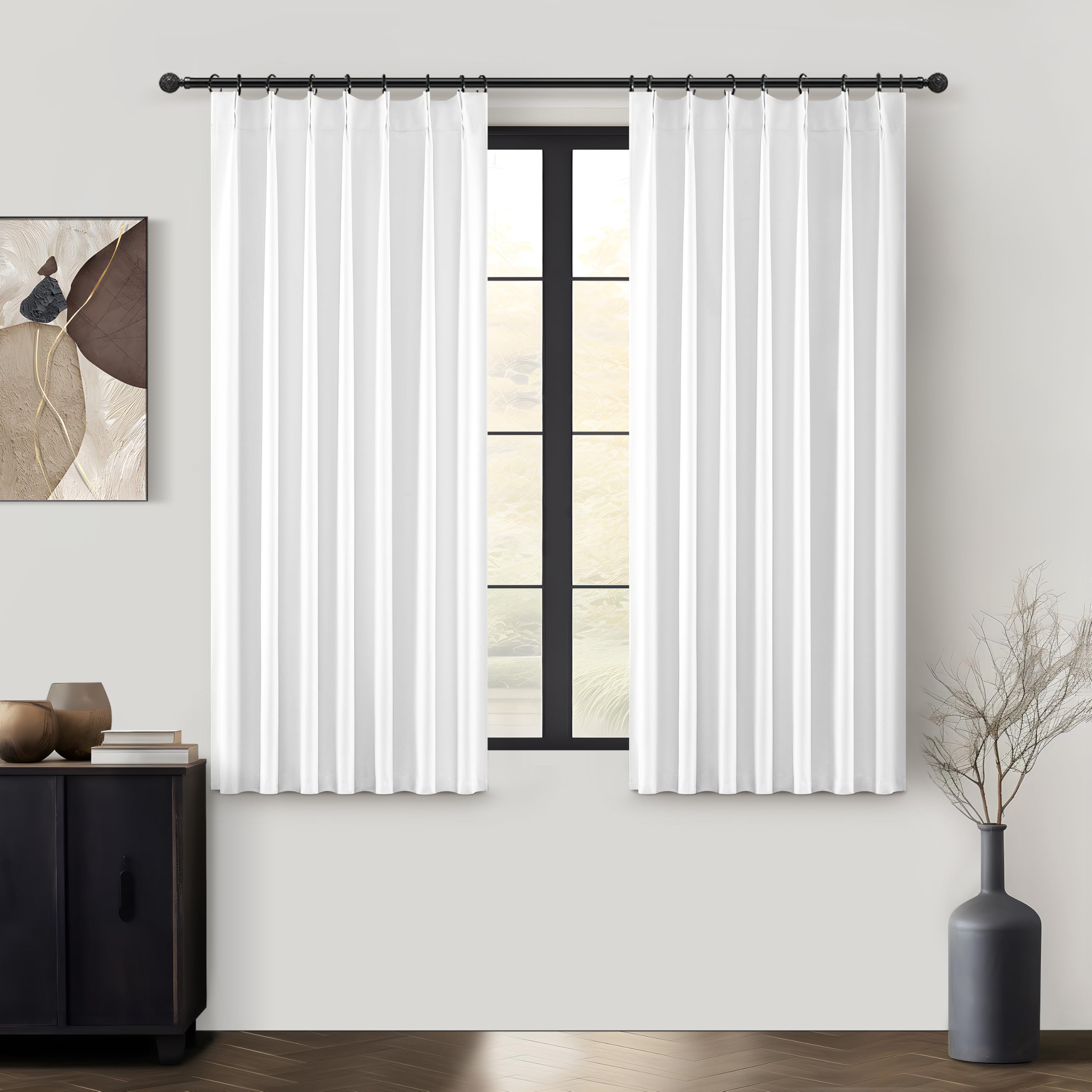 Bright White Heat Blocking Textured Pinch Pleated Cafe Short Curtains 45 Inch Length,Blackout Drapes Flax Linen 2 Panels Set Bathroom/Basement/Kitchen Curtain for 42 Inch Small Half Window (40"Wx45"L) — image 1