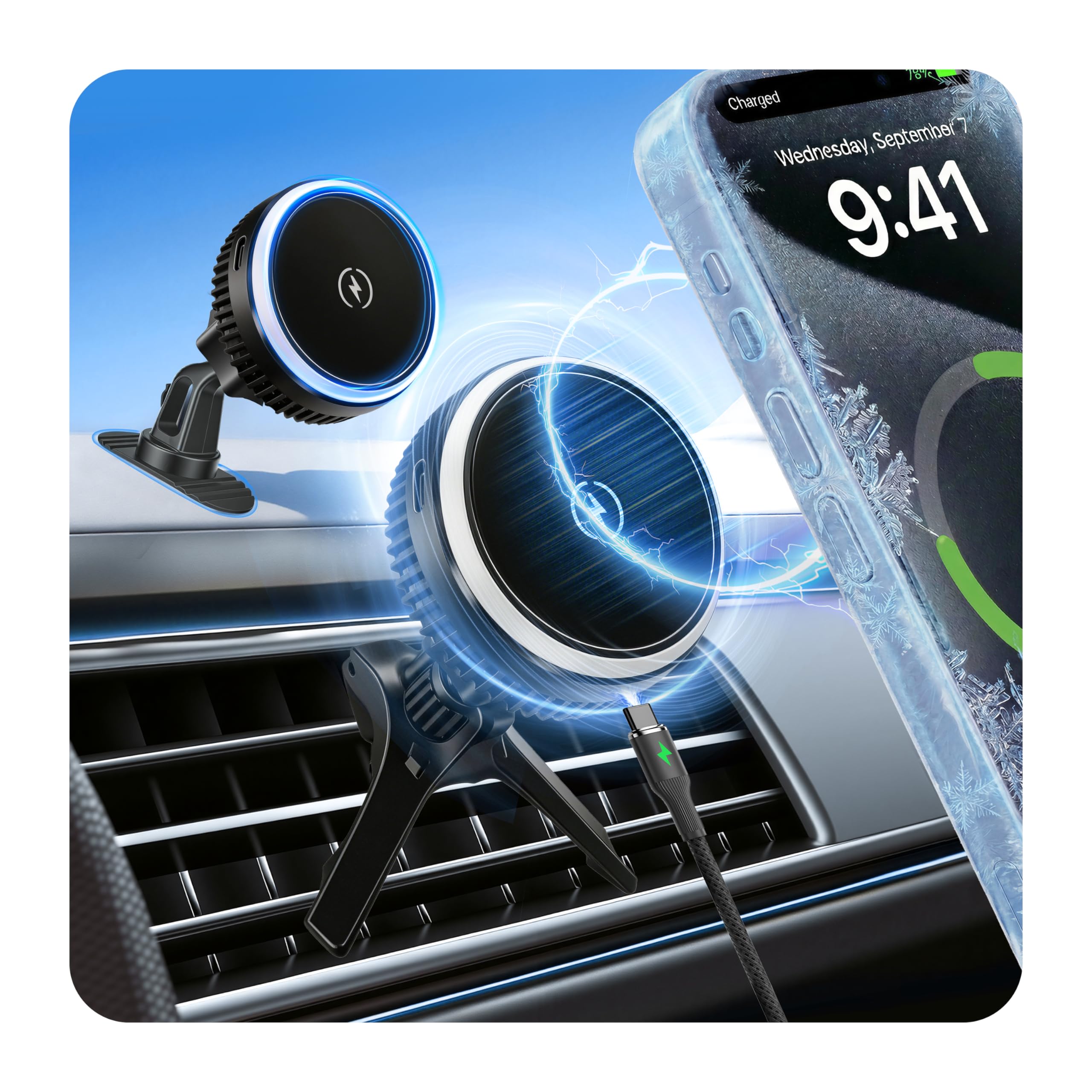 Magnetic Phone Holders for Your Car, Magsafe Cooling Car Mount Charger, Vent &amp; Dashboard Cell Phone Mount, 15W Wireless Fast Charging for iPhone &amp; Android, 360 ° &amp; Hands Free, Summer Car Accessories