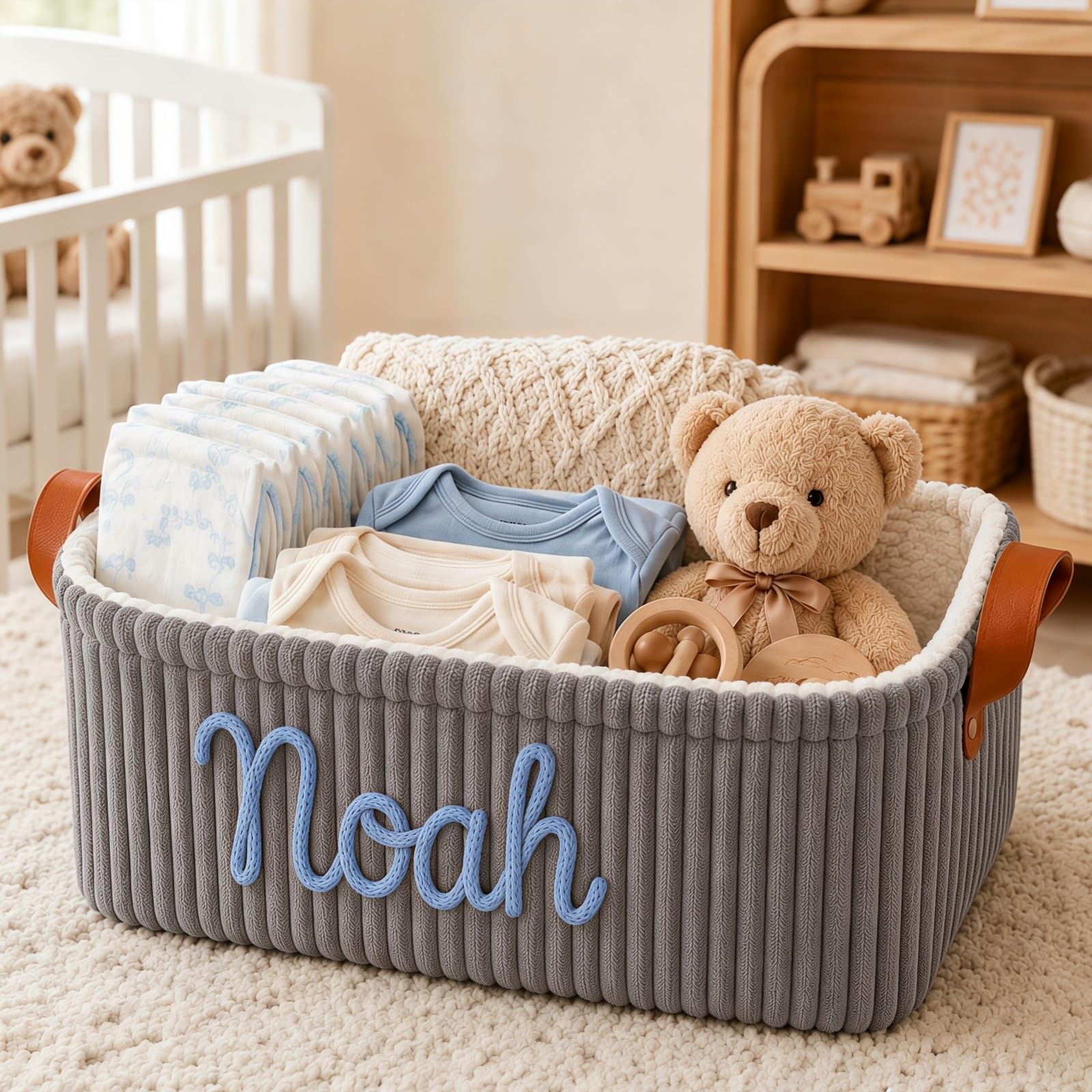 Custom Name Nursery Woven Basket, Personalized Corduroy Baby Storage Bin