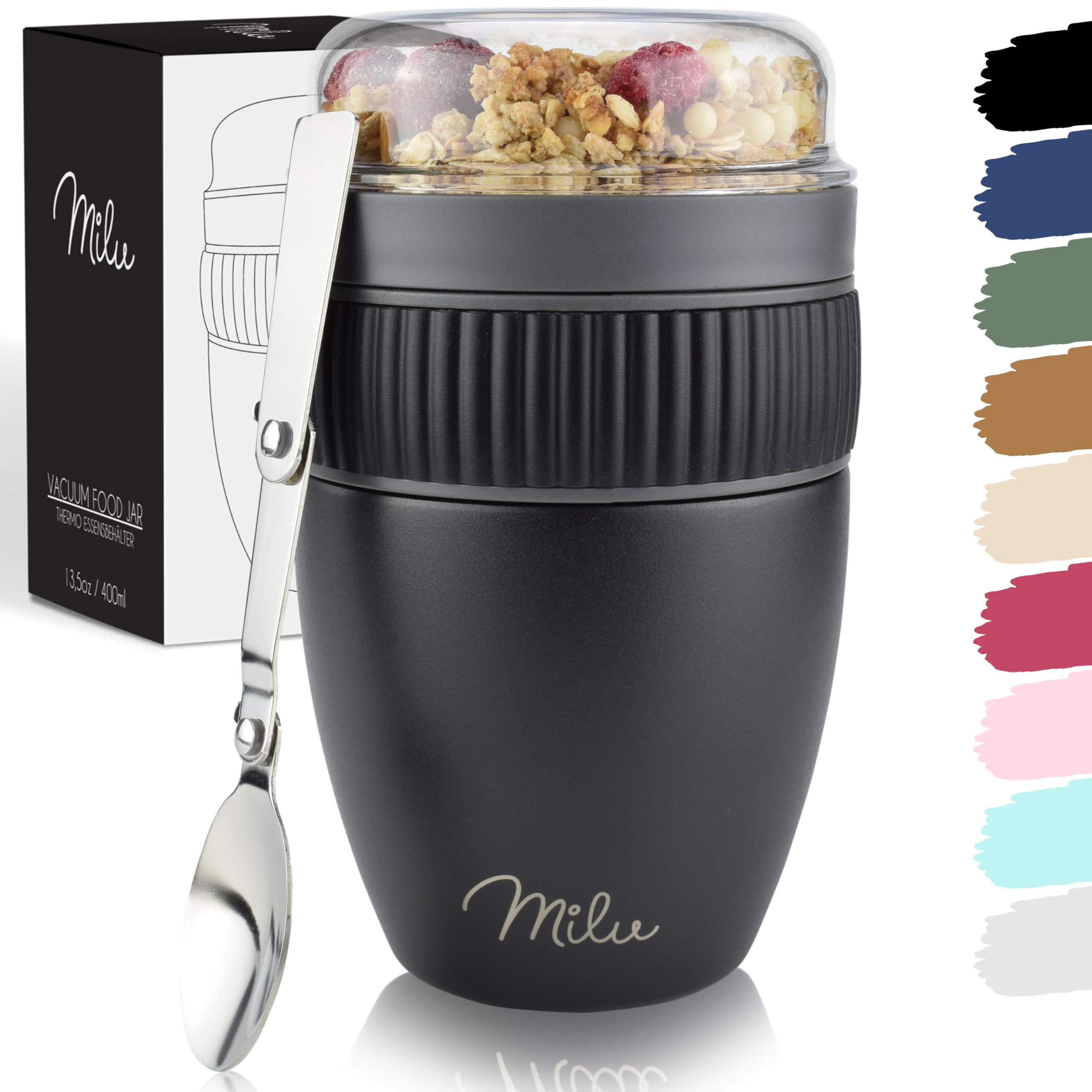 Milu Black Cereal Cup To Go 400Ml I Insulated Yoghurt Cup For Muesli I Leak-Proof Cup With Spoon For Yoghurt/Porridge (Black)