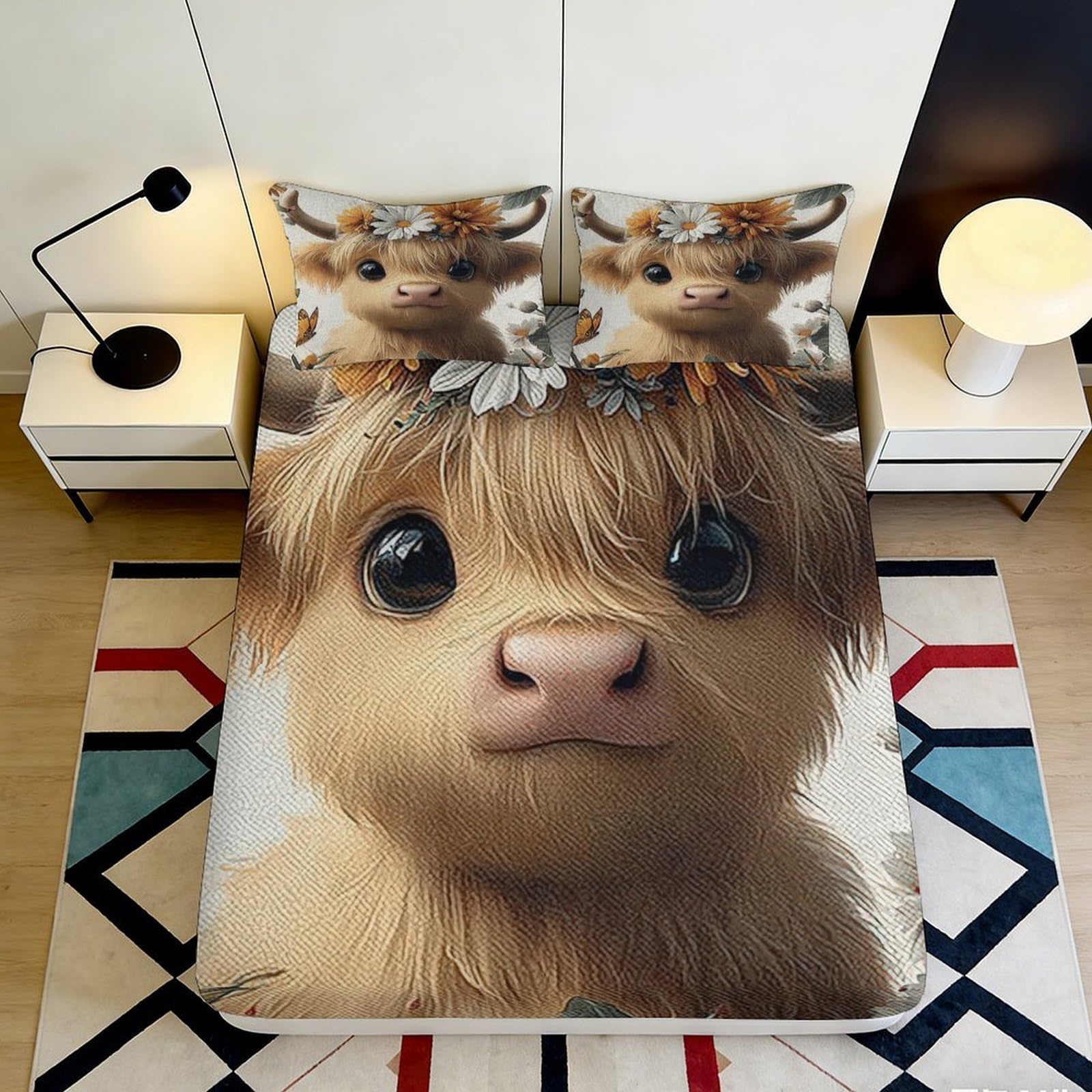 3D Printed Cute Cow Fitted Sheet Microfiber Deep Pocket Non-Slip Bedroom Bedding Cute Cow Mattress Fitted Cover for Adults Youth 180x200x25cm