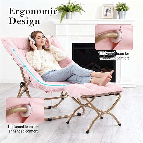 Miniatura 5 de Silla de dormitorio con otomana, silla de platillo suave XL, silla plegable de piel sintética de gran tamaño, silla plegable con marco de metal para