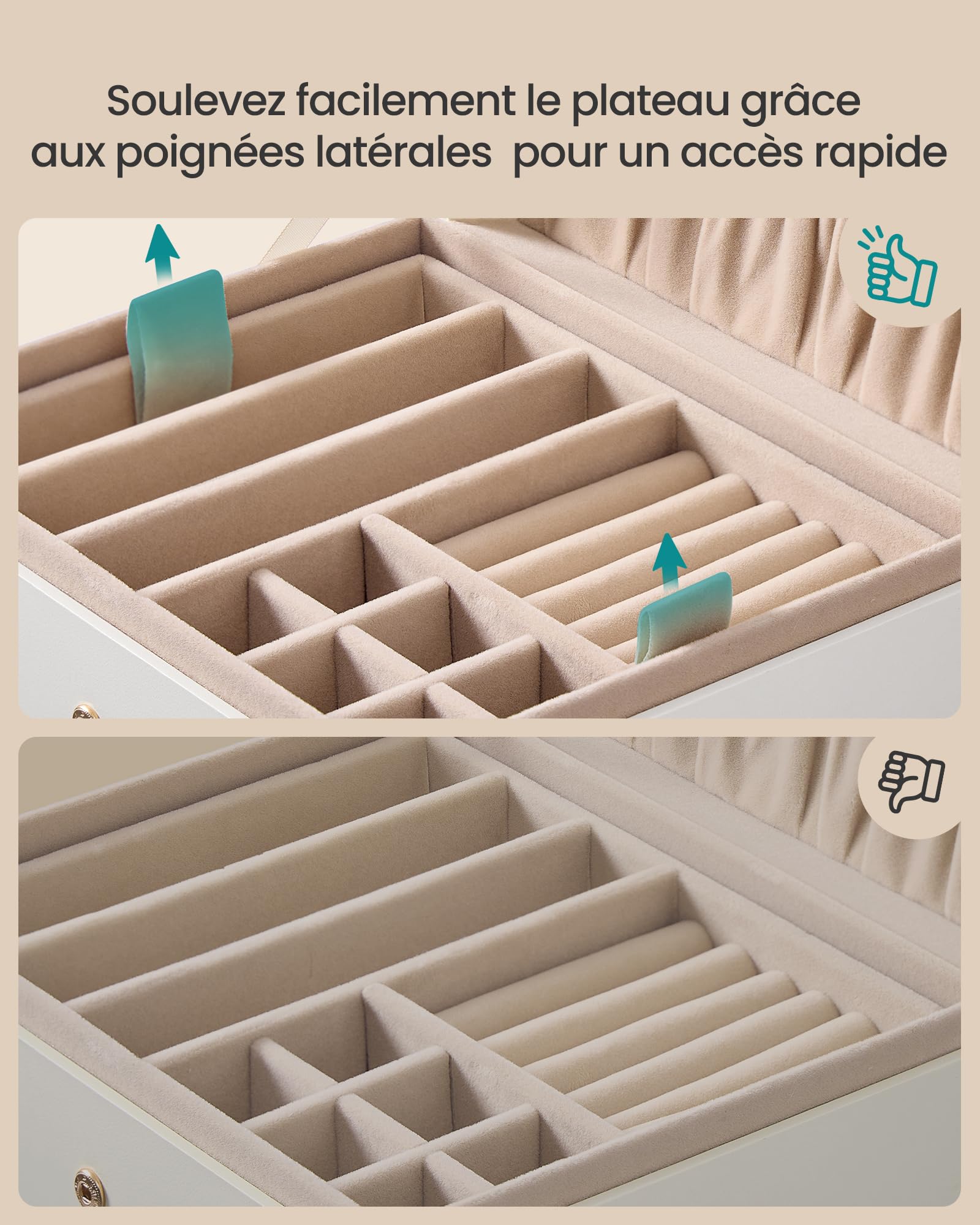 SONGMICS Caja Joyero, Organizador de Joyas de 2 Niveles con Bandeja Extraíble y Asa, para Collares, Pendientes y Anillos, 17 x 20,5 x 9,5 cm, Ideal para Regalo, Blanco Crema JBC208WD01