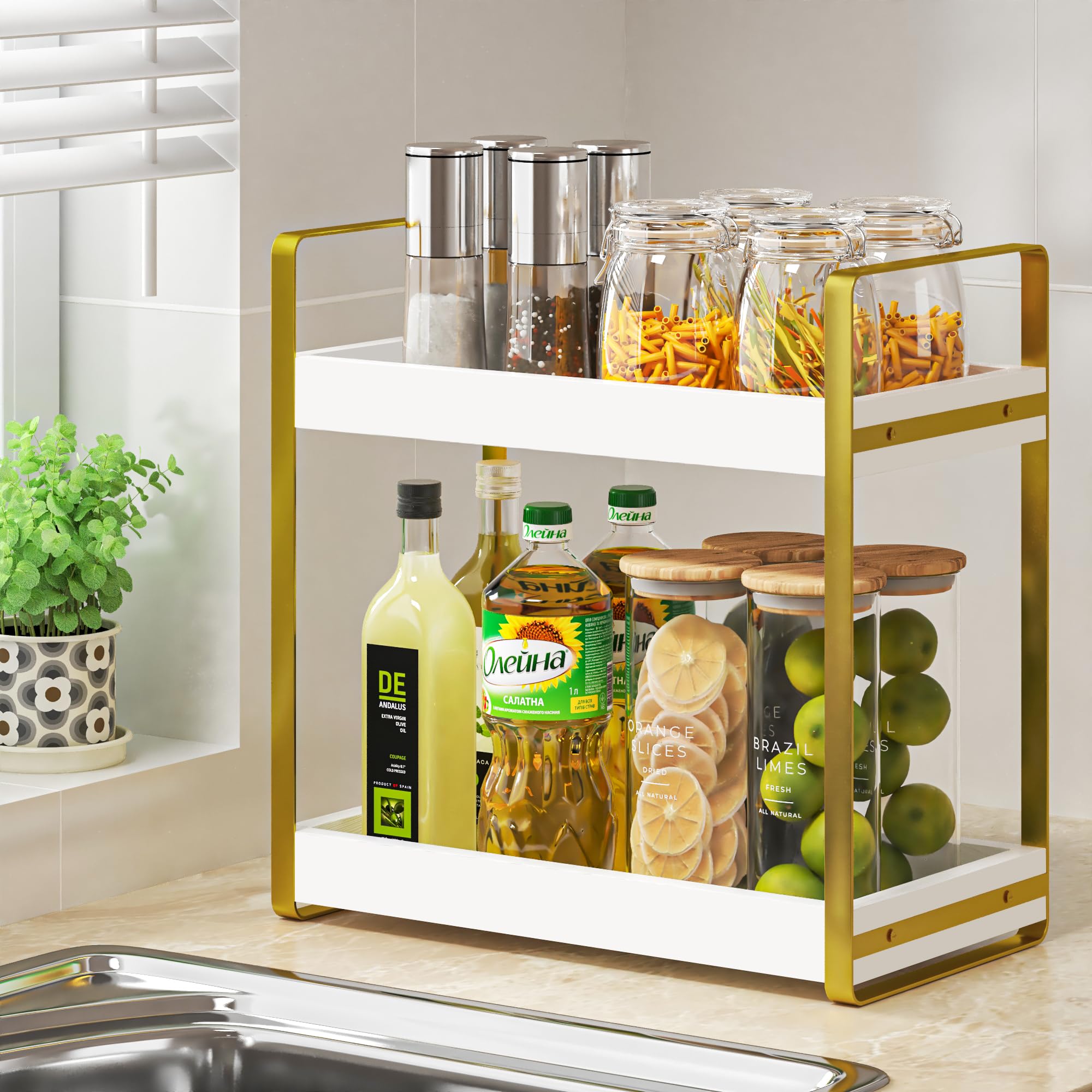 Board2by Bathroom Countertop Organizer, 2 Tier Wood Kitchen Counter Shelf, Standing Vanity Tray for Makeup Cosmetics Storage, Rustic Spice Rack Bathroom Sink Organizer for Organization & Decor,White