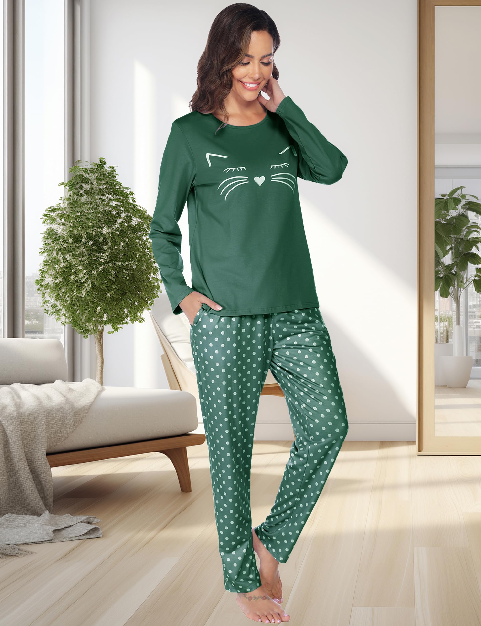 BigKing Pyjama À Motifs De Chat À Manches Longues, Femmes Vêtements De Maison De Pyjama Mignon À Pois Chat pour Loisirs À La Maison