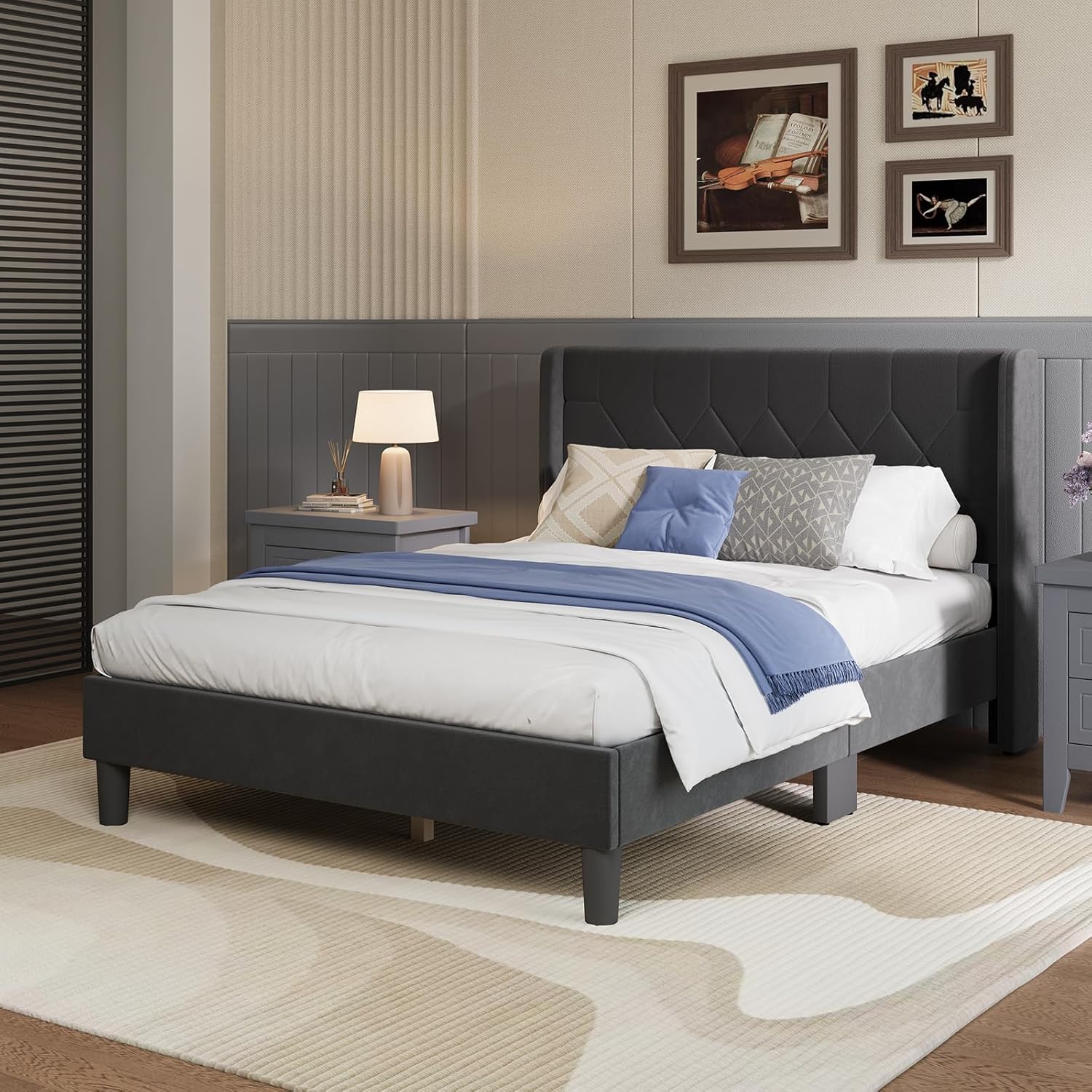 Avenco King Size Bed Frame, Upholstered Platform Bed Frame with 3-Height Adjustable Headboard, Easy Tool-Free Assembly & Under Bed Storage, Black Velvet