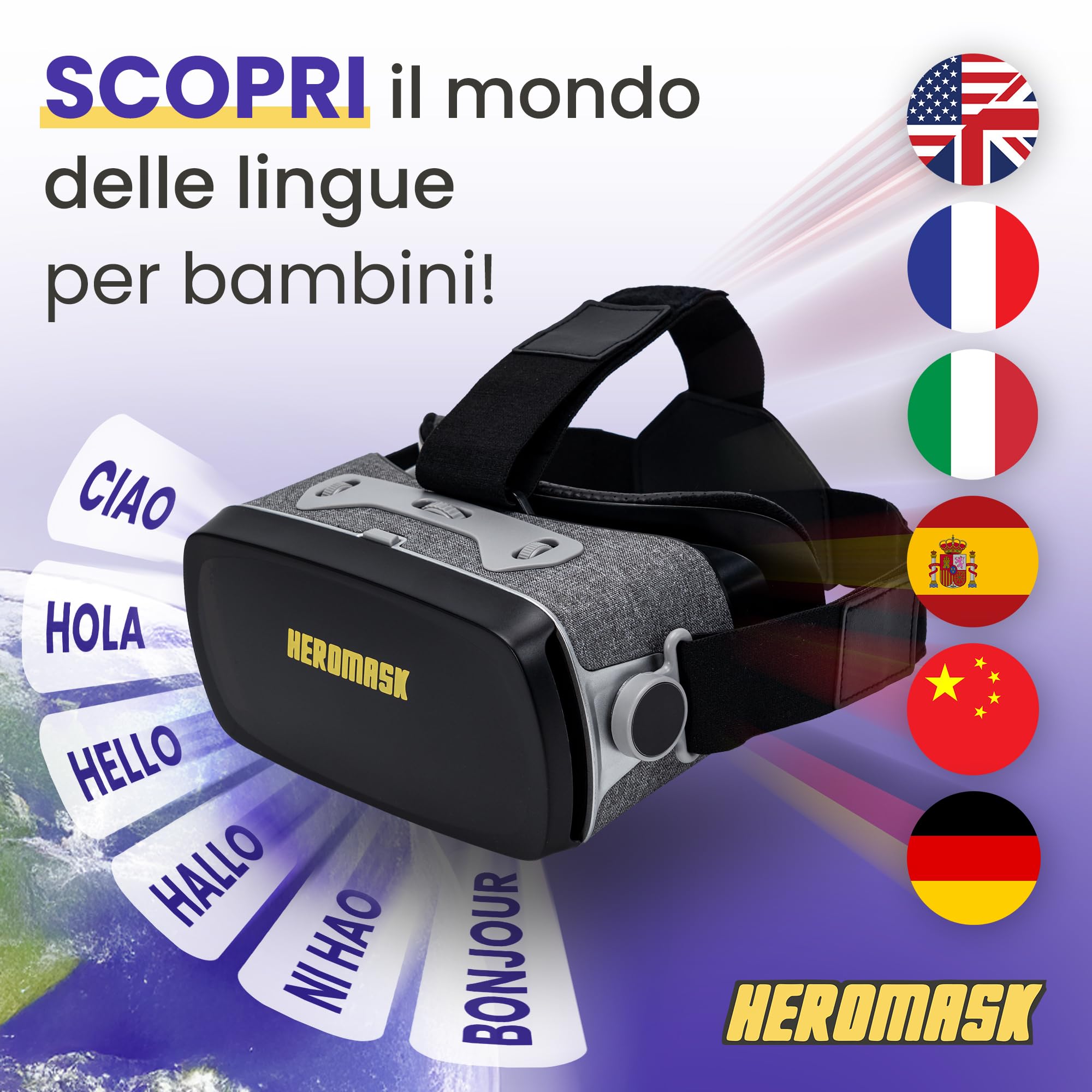 Heromask: Visore Realtà Virtuale Bambini + Giochi Educativi Inglese, Spagnolo... [ Regali Originali ] - Giocattoli Bambino 5 6 7 8 9 10 11 12 Anni - VR Occhiali 3D Realtà Virtuale