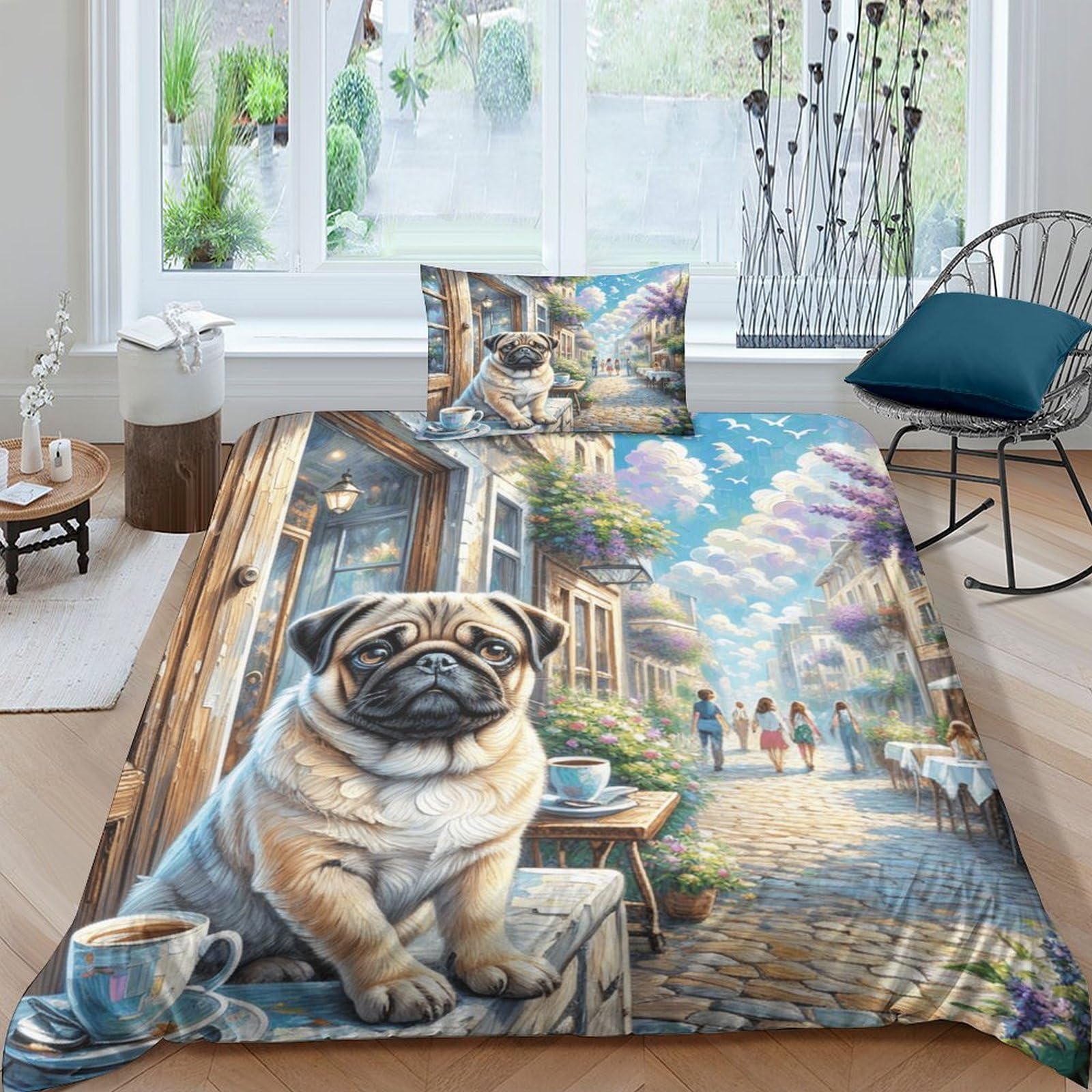 WXLWHR Pug Duvet Cover Set Soft Polyester 3 Piece 3D Printed Bedding Set Pug Cafe Duvet Cover with Pillowcase For Teenage Boys Single（135x200cm）