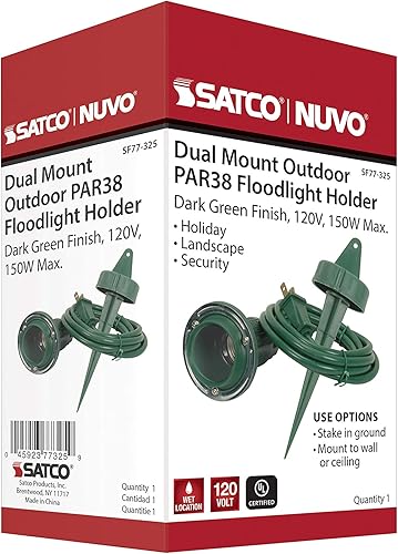 Miniatura 4 de Satco SF77/325 - Soporte para luz de inundación PAR38 para exteriores con placa redonda para montaje doble y estaca de tierra, verde